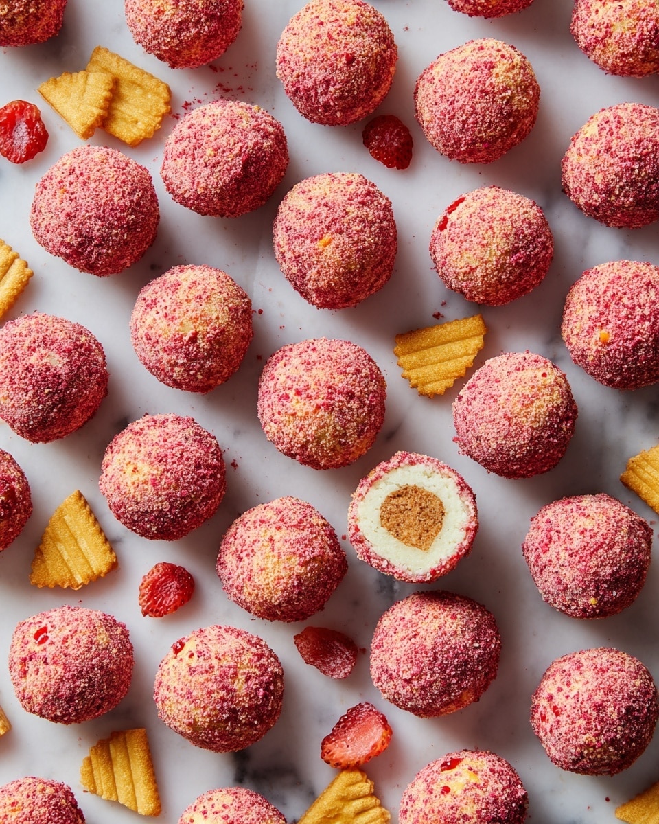 The image shows 44 round dessert balls arranged neatly in rows on a white marbled surface. Each ball is coated in a pink crumbly layer mixed with red specks, creating a rough texture. One ball near the center is cut open to reveal three layers inside: a light yellow outer layer, a soft-looking white middle layer, and a dense reddish-brown core in the center. Around the balls, there are scattered pieces of dried strawberries and some yellow sandwich cookies, two of which are broken, adding extra color and texture contrast. photo taken with an iphone --ar 4:5 --v 7