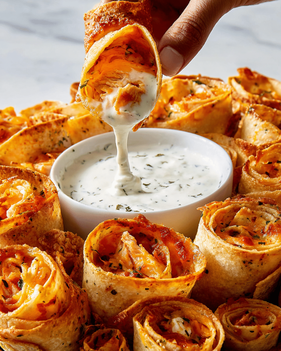A white round plate filled with 16 rolled, golden-brown tortillas arranged in a circular pattern. Each rolled tortilla has visible melted cheddar cheese with a slightly crispy texture on the edges, showing light orange and pale yellow tones. In the center of the plate, a small white bowl holds a creamy white dipping sauce with visible green and black herb flecks. The entire setup rests on a white marbled surface. photo taken with an iphone --ar 4:5 --v 7