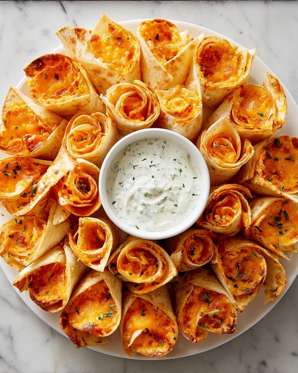 The image shows a close-up of crispy rolled tortillas baked to a golden brown, arranged tightly on a white marbled surface. The tortillas have a rough, crunchy texture with melted orange cheese and small bits of chicken visible inside the rolls. A white bowl filled with creamy white ranch dressing is placed in the middle of the tortillas. A woman's hand is holding one of the rolled tortillas dipped halfway into the ranch sauce, with the sauce dripping slightly. The overall colors are warm golden browns from the tortillas and cheese and creamy white from the sauce and bowl. photo taken with an iphone --ar 4:5 --v 7