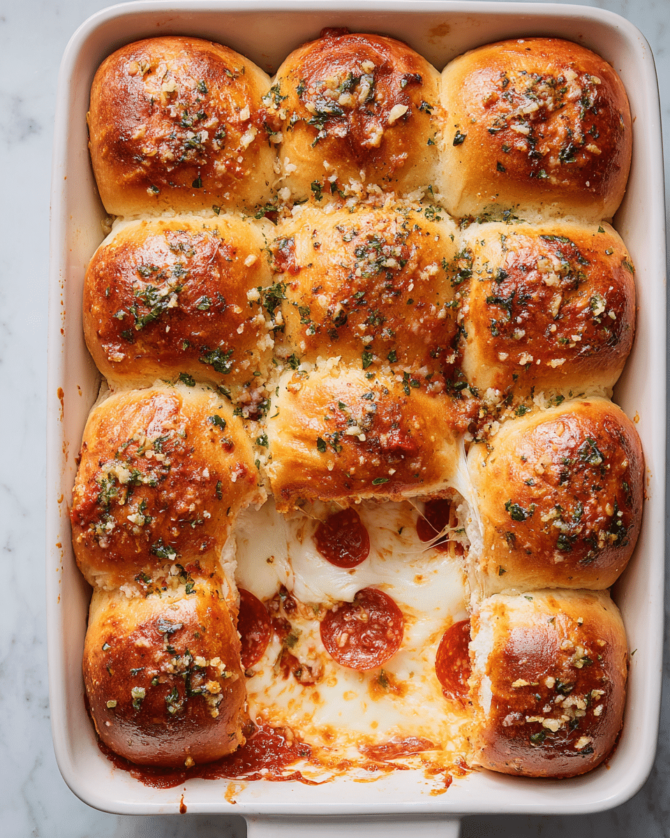 This is a white rectangular baking dish filled with 20 golden-brown, soft rolls arranged in four rows, with five rolls in each row, forming a border around the center. The rolls are brushed with herbs and small bits of garlic, giving them a textured top sprinkled with green and light brown pieces. In the middle of the dish, there is melted white and yellow cheese mixed with bright red tomato sauce and small round slices of pepperoni, showing a gooey, stringy texture where some of the rolls have pulled away. The whole dish sits on a white marbled textured surface. Photo taken with an iphone --ar 4:5 --v 7