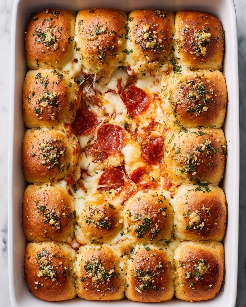 A white rectangular baking dish filled with 16 golden-brown, soft dinner rolls arranged in four rows and four columns, each topped with chopped herbs and garlic bits. The center area is missing three rolls, revealing melted, stretchy white mozzarella cheese with a glossy texture, scattered pepperoni slices, and a red tomato sauce base mixed with cheese. The edges of the dish show bits of browned cheese and herbs. The background is a white marbled surface. photo taken with an iphone --ar 4:5 --v 7