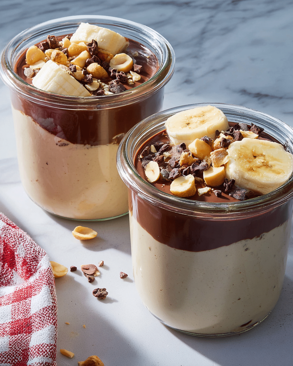 Two clear glass jars are filled with a creamy, light beige dessert as the bottom layer, topped by a thick, smooth dark brown chocolate layer that fills the top of each jar. On the chocolate surface, there are uneven but plentiful toppings of pale yellow banana slices, light brown peanuts, and small dark brown cacao nibs. The jars sit on a white marbled surface with a soft, natural light casting gentle shadows, and a piece of a white and red checkered cloth is slightly visible in the corner. Photo taken with an iphone --ar 4:5 --v 7