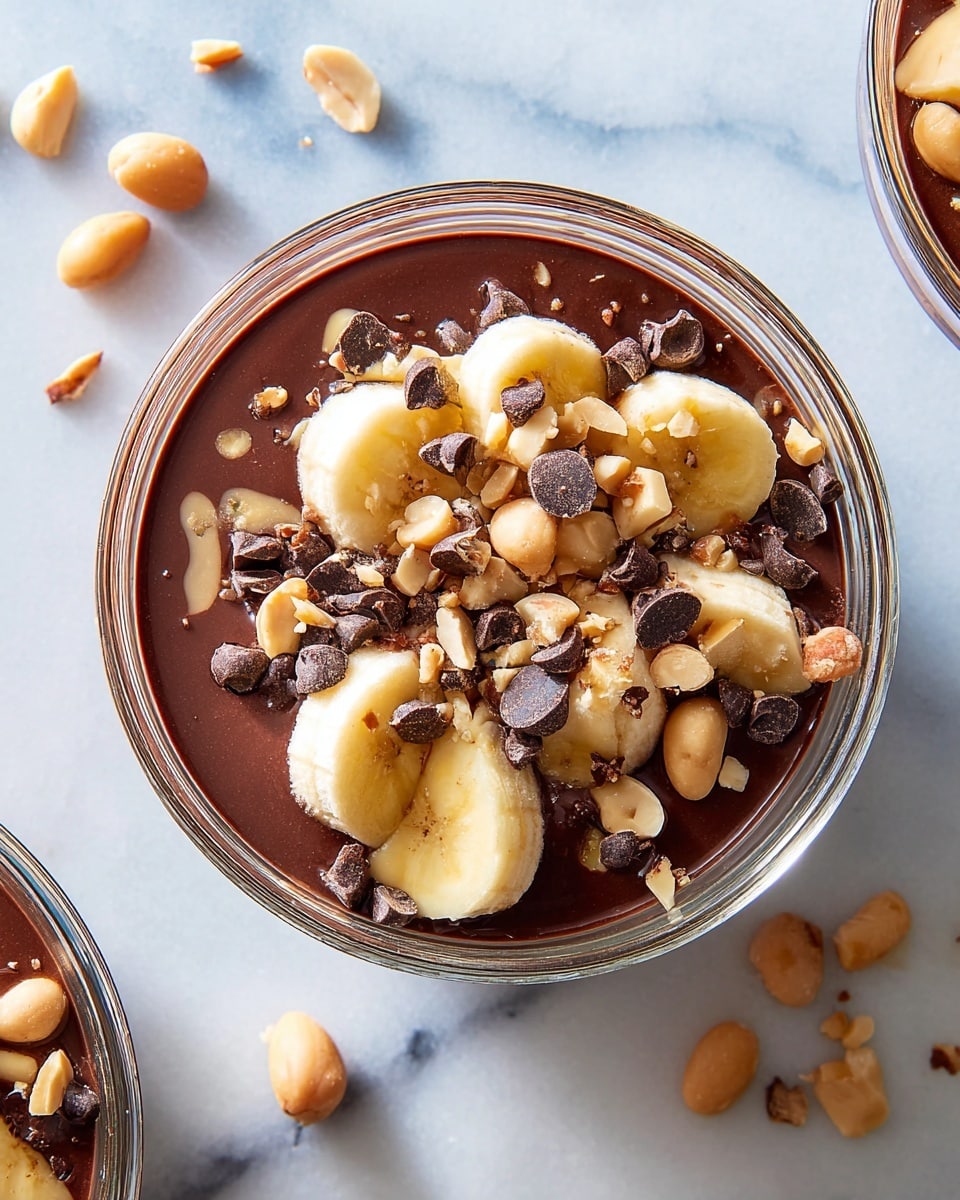 A round glass bowl sits on a white marbled surface, filled with a smooth, dark chocolate layer at the bottom. On top of the chocolate is a scattered layer of light brown peanuts, small dark brown cacao nibs, and small pieces of pale yellow banana slices. The toppings create a rough, textured look on the glossy chocolate layer, with some peanuts and cacao nibs visible around the bowl on the surface. Photo taken with an iphone --ar 4:5 --v 7