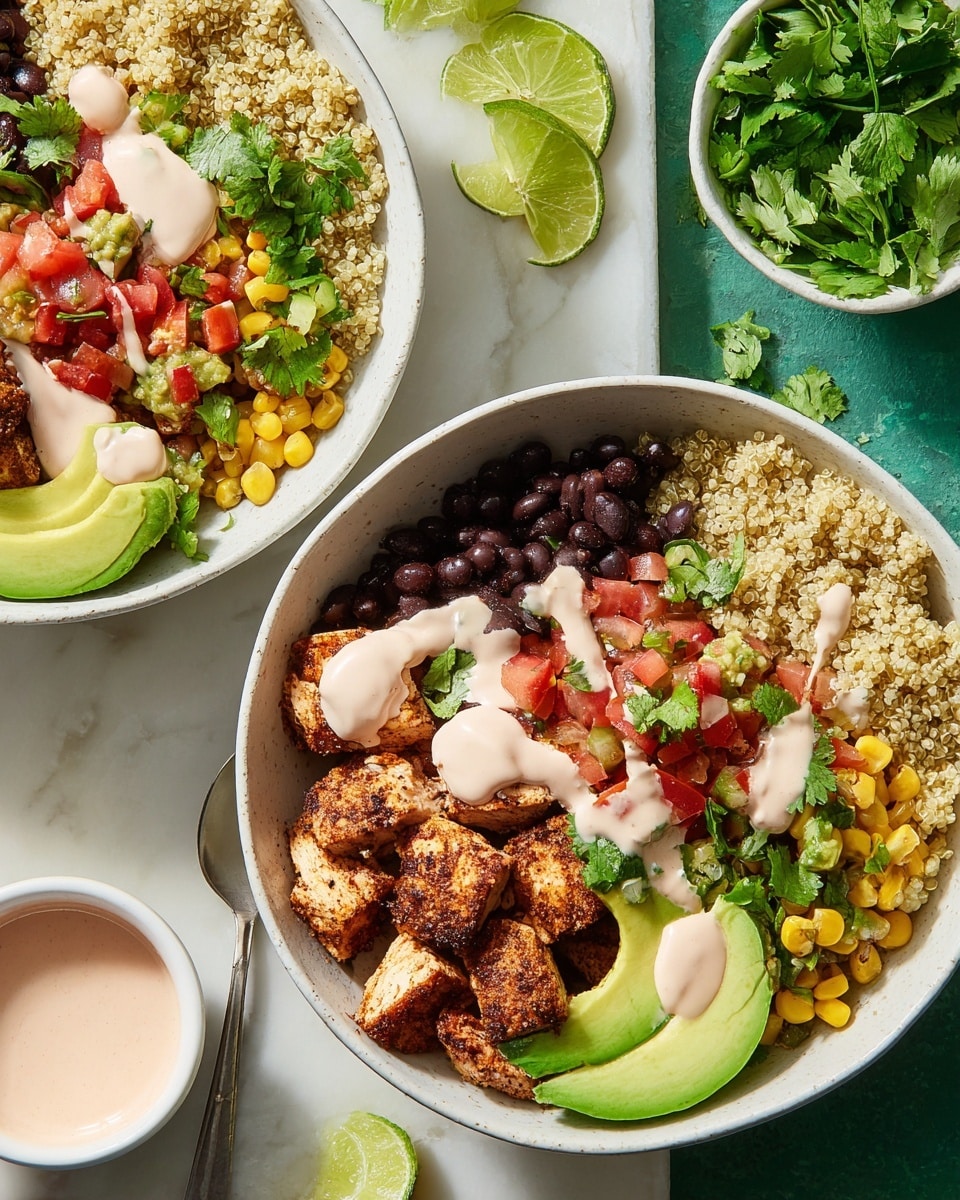 Two white bowls sit on a white marbled textured surface, each filled with a colorful layered dish. The bottom layer is light yellow quinoa spread across half the bowl. On top of the quinoa, chunks of brown seasoned grilled chicken are arranged on one side, drizzled with a light pink creamy sauce. Next to the chicken, black beans and bright yellow corn combine with green cilantro leaves, followed by a fresh red and green tomato salsa mix with chopped onions and jalapeños. A couple of thick light green avocado slices rest on the edge of each bowl, with a lime wedge placed by the avocado. Nearby, a small white bowl holds fresh green cilantro leaves, and another has lime wedges. A small white bowl with pink sauce and a spoon is also on the side. Photo taken with an iphone --ar 4:5 --v 7