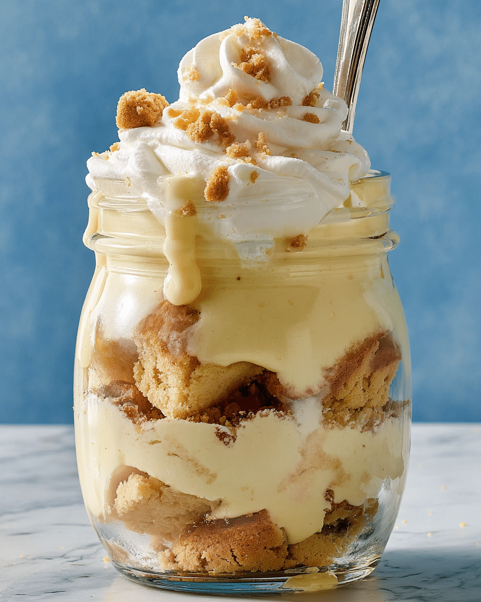 This dessert is shown in a clear glass jar with multiple layers. At the bottom, there are crumbled light brown cookies mixed with a thick pale yellow creamy pudding. Above this, a middle layer of more crumbled cookies is visible, topped again with creamy pudding that slightly drips down the sides inside the jar. On the top, there is a generous swirl of white whipped cream with cookie crumbs around it. A spoon is inserted into the jar from the top, and the background is a soft blue with the jar placed on a white marbled surface. photo taken with an iphone --ar 4:5 --v 7