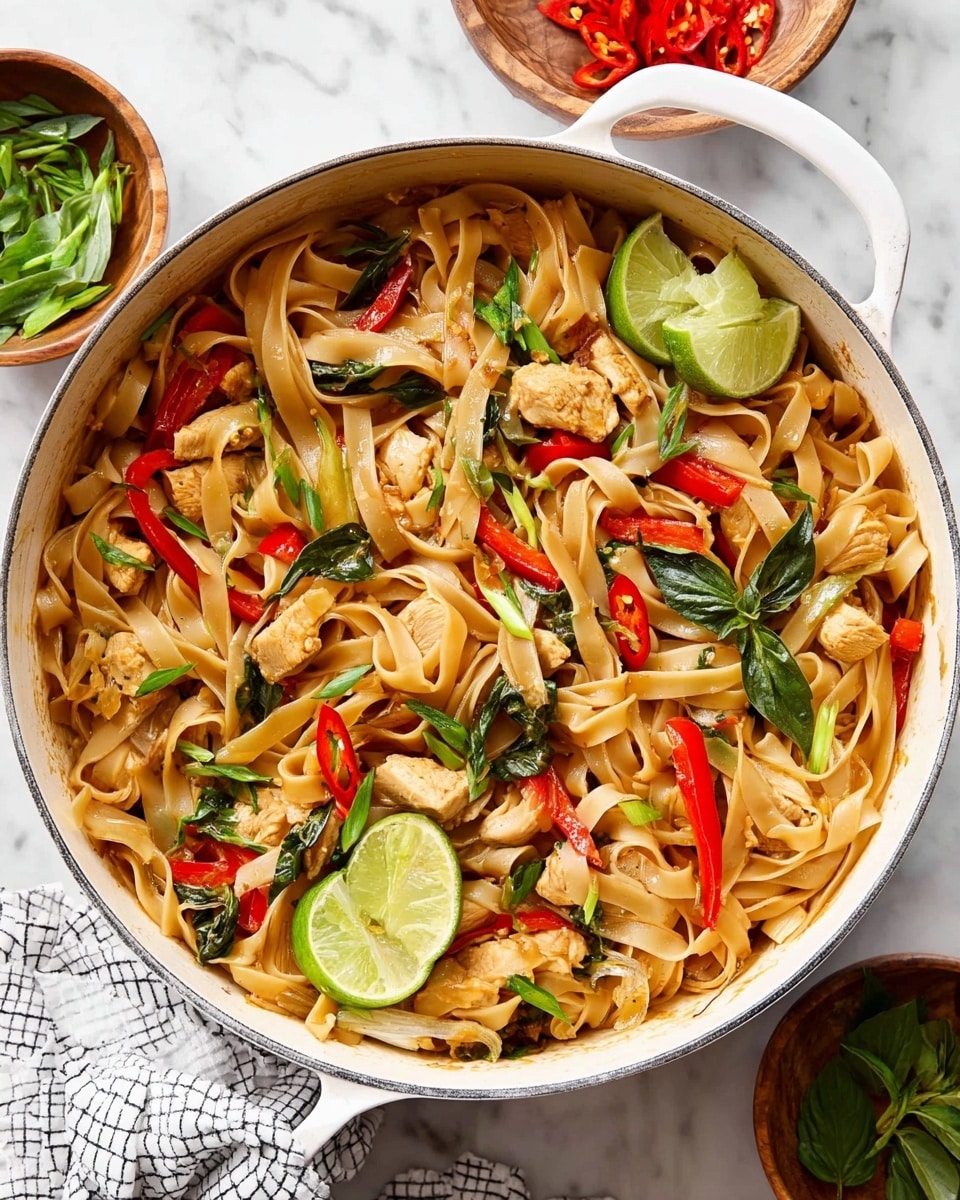 A large white pot filled with wide flat noodles mixed with pieces of cooked chicken that are light golden brown. The dish has bright red strips of bell pepper, slices of red chili, and fresh green basil leaves scattered on top. There are also lime wedges placed within the noodles, and small pieces of green herbs mixed throughout. Surrounding the pot on a white marbled surface are small wooden bowls with sliced red chili and chopped green herbs, along with a white plate holding fresh basil leaves. A white and gray checkered cloth is placed beside the pot. Photo taken with an iphone --ar 4:5 --v 7