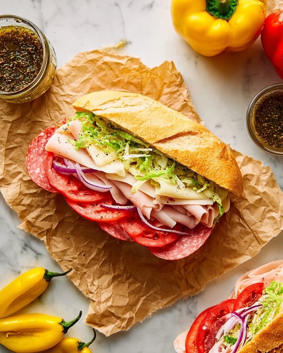 A sandwich on a soft, light brown hoagie roll with six visible layers: thinly folded dark pink salami at the bottom, layered with round slices of bright red pepperoni, followed by a folded slice of white turkey meat, a creamy white cheese slice, topped with thin red onion rings, red tomato slices, yellow pepper rings, and shredded light green lettuce, all sprinkled with black seasoning. The sandwich rests on crumpled brown paper on a white marbled surface with pepperoncini peppers and a small bowl of green Italian dressing nearby. Photo taken with an iphone --ar 4:5 --v 7