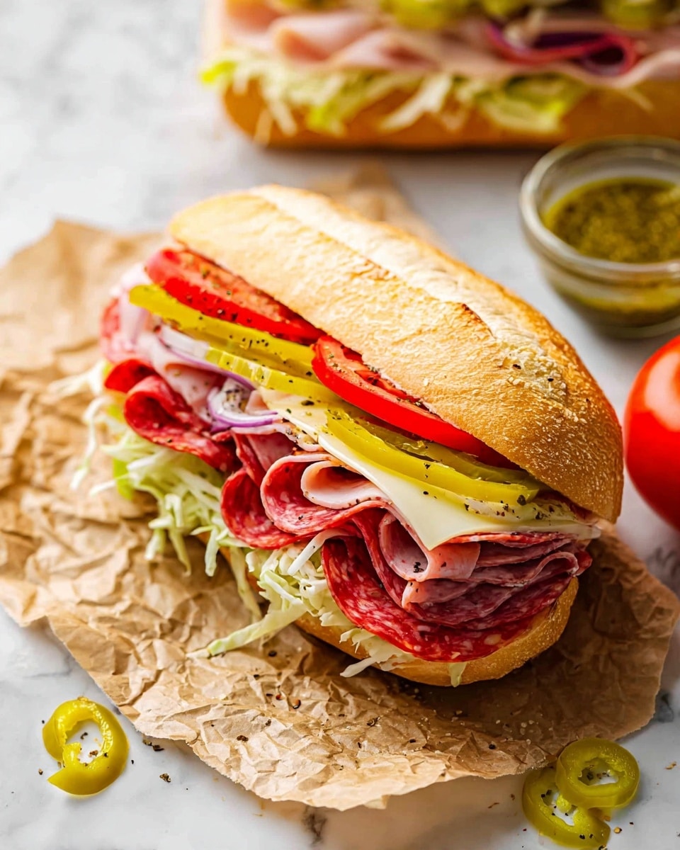A sandwich on a white soft hoagie roll is layered with multiple ingredients; the bottom layer has red slices of salami, followed by pale turkey slices, then thin slices of white cheese, topped with rings of red onion, a layer of green shredded lettuce, and round red tomato slices with yellow mustard and dried herbs sprinkled on top. The sandwich is placed on brown crumpled paper set on a white marbled surface. Nearby, there are three yellow peppers and a small glass bowl filled with a dark green herb sauce. Part of another similar sandwich is visible at the top right, showing the same toppings. photo taken with an iphone --ar 4:5 --v 7