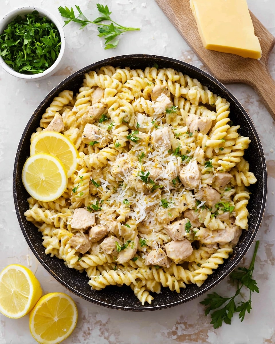 A black pan filled with creamy twisted pasta as the base layer, topped with chunks of cooked chicken colored light beige, sprinkled with grated cheese that adds a snowy white texture. Several bright green parsley leaves are scattered on top and around the pan, adding fresh color. Three yellow lemon slices sit on the left side of the pasta, adding a bright contrast. A small white bowl with green parsley is placed above the pan, and a block of yellow cheese rests to the right on a white marbled surface. photo taken with an iphone --ar 4:5 --v 7