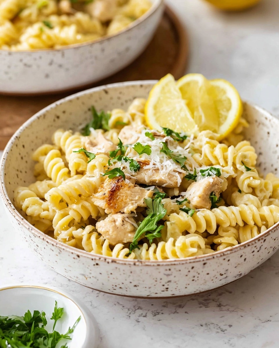 A white speckled bowl filled with creamy yellow twisted pasta, mixed with light brown grilled chicken pieces and fresh green parsley leaves scattered throughout. Two thin, round slices of bright yellow lemon rest on top, adding a fresh look, while finely grated white cheese is lightly sprinkled over the pasta. The bowl sits on a white marbled surface with a blurred white bowl of more pasta in the background and a blurred small white bowl holding green herbs nearby. photo taken with an iphone --ar 4:5 --v 7