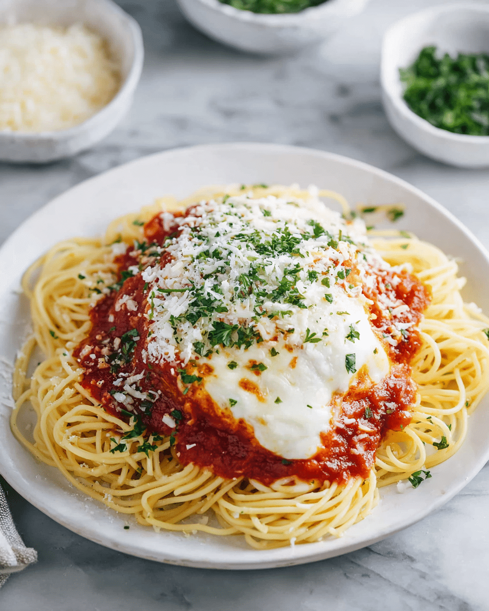 A white plate holds a dish with three main layers: the bottom layer is light yellow cooked spaghetti arranged in a loose nest shape with some green parsley bits sprinkled on top; the middle layer is bright red chunky tomato sauce spread over the pasta; the top layer is melted white cheese with a few brown toasted spots, garnished with finely chopped green parsley and a light dusting of grated Parmesan cheese. The plate sits on a white marbled surface with parts of white bowls containing chopped green herbs and grated cheese blurred in the background. photo taken with an iphone --ar 4:5 --v 7