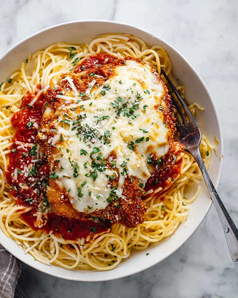 A white bowl filled with a bed of light yellow spaghetti noodles forming the bottom layer, sprinkled with small bits of green herbs. On top of the noodles is a rich red tomato sauce holding a crispy, golden-brown breaded chicken cutlet as the middle layer. The chicken is covered by a thick layer of melted, slightly browned white cheese sprinkled with finely chopped green herbs and grated parmesan. A fork rests on the side of the bowl with some spaghetti twisted around its tines. The bowl sits on a white marbled surface. Photo taken with an iphone --ar 4:5 --v 7