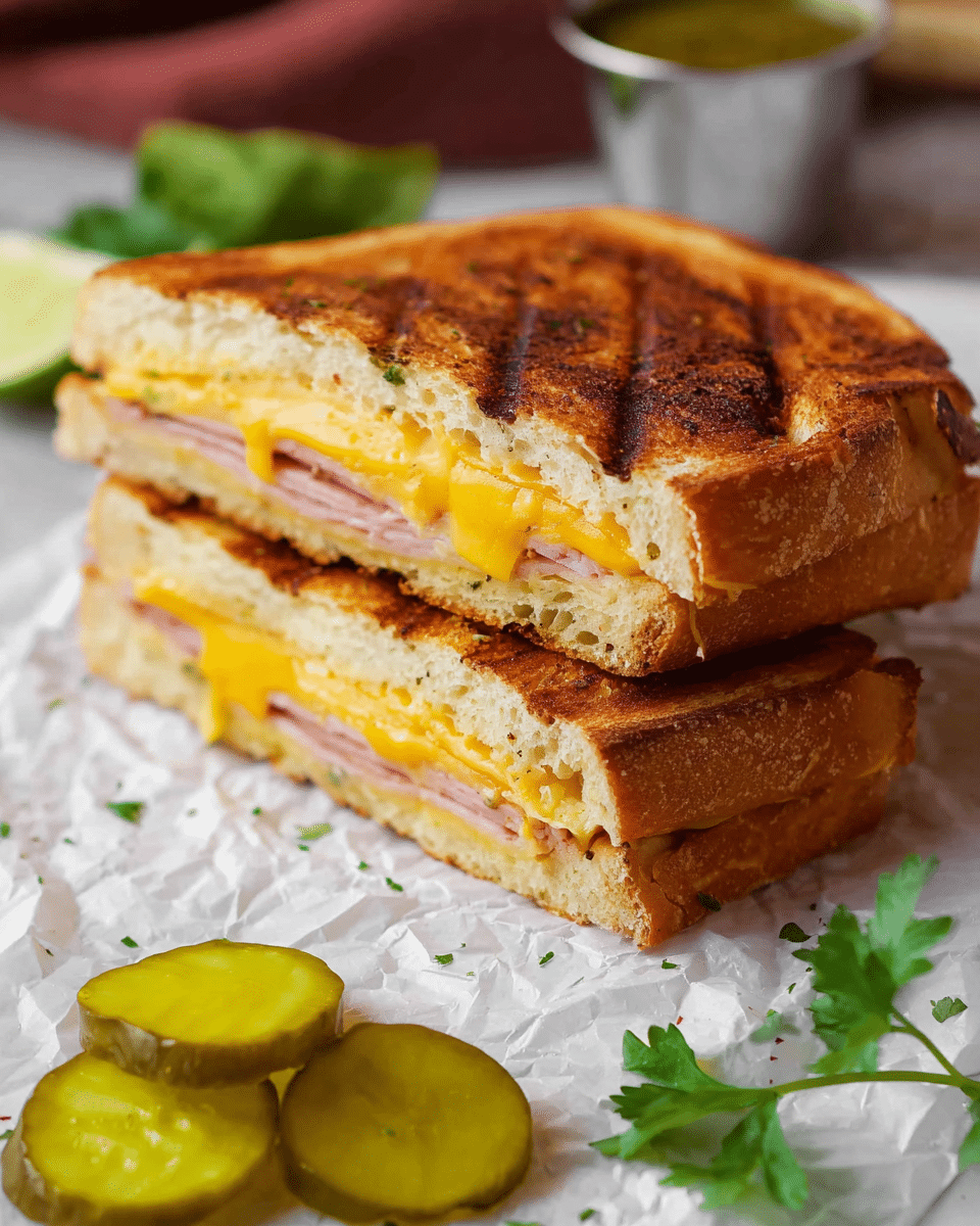The image shows a toasted sandwich cut into two halves stacked on each other, placed on crinkled white paper over a white marbled texture. The sandwich has a golden-brown, crisp grilled top layer with clear grill marks, and inside there are layers of light beige bread, melted yellow cheese, and thin slices of pink ham. In the foreground, there are several sliced bright green pickles laying on the white marbled texture. A small bunch of green parsley is also visible near the sandwich. The background contains a blurred lime wedge and a small metal cup with green sauce. photo taken with an iphone --ar 4:5 --v 7