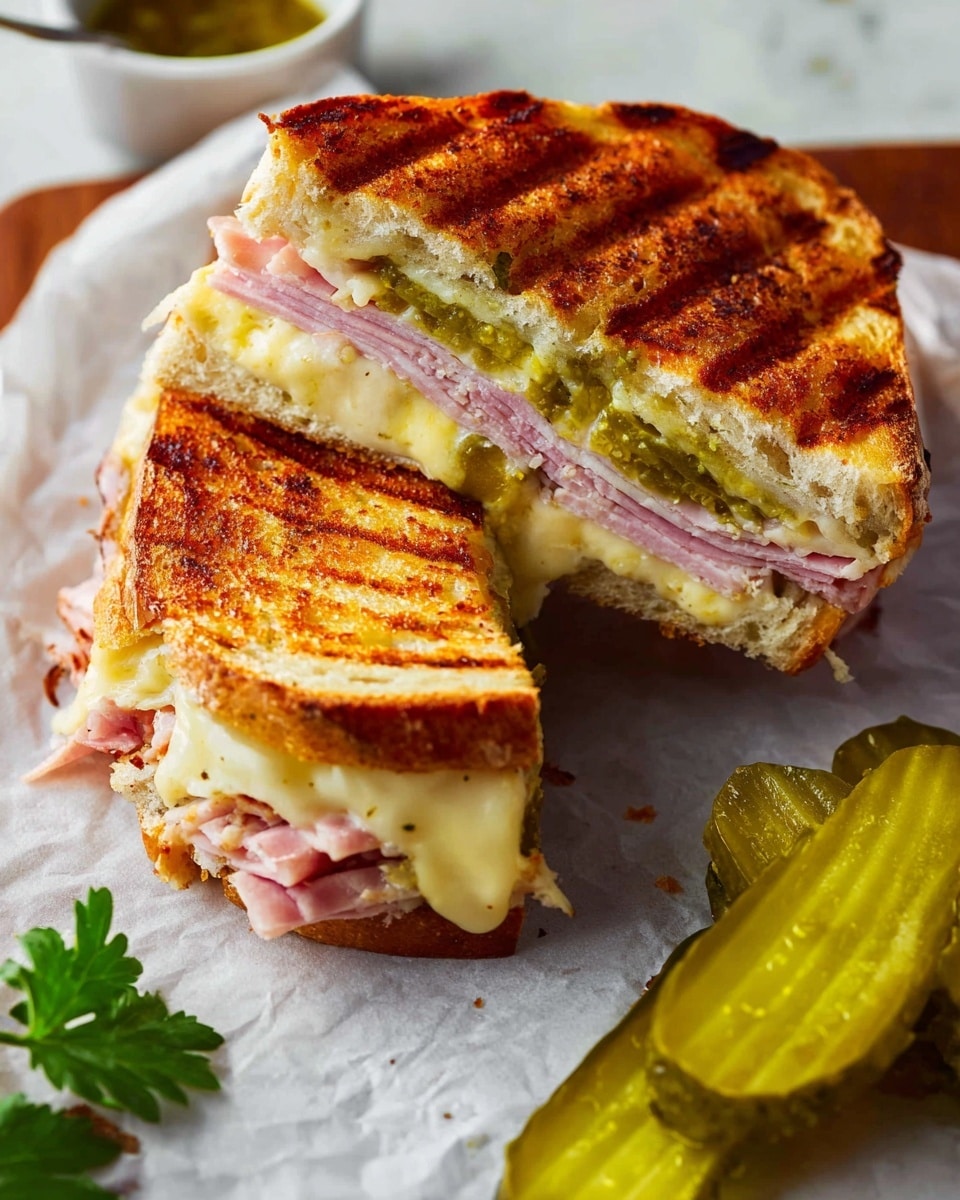 A pressed sandwich cut into two pieces shows its layers clearly. The sandwich has a toasted golden-brown crust with grill marks on the top. Inside, there are three layers: the bottom layer is white bread, followed by a creamy yellow cheese melted over thin slices of pink ham, topped with bright green pickle slices, and finished with another layer of toasted white bread. On the side, there are three thick pickle slices on white parchment paper over a white marbled surface. A small green leafy garnish is also placed near the sandwich. photo taken with an iphone --ar 4:5 --v 7