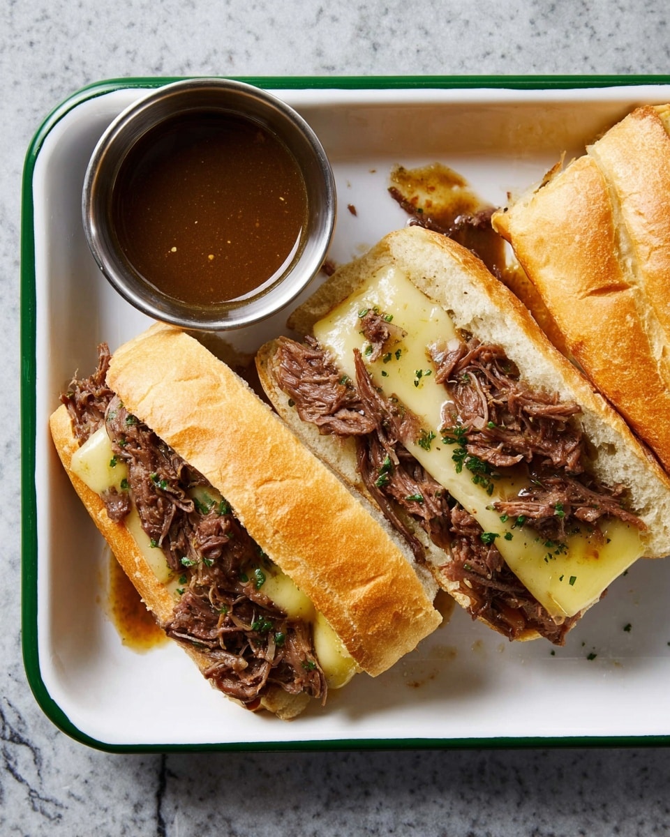 Two shredded beef sandwiches are placed side by side inside a rectangular white tray with green edges. Each sandwich has three layers: the base layer is a soft, thick, white sandwich bun sliced open, the middle layer is melted pale yellow cheese, and the top layer is moist brown shredded beef mixed with some herbs. Next to the sandwiches is a small round metal cup filled with brown gravy. The tray is set on a white marbled surface. Photo taken with an iphone --ar 4:5 --v 7
