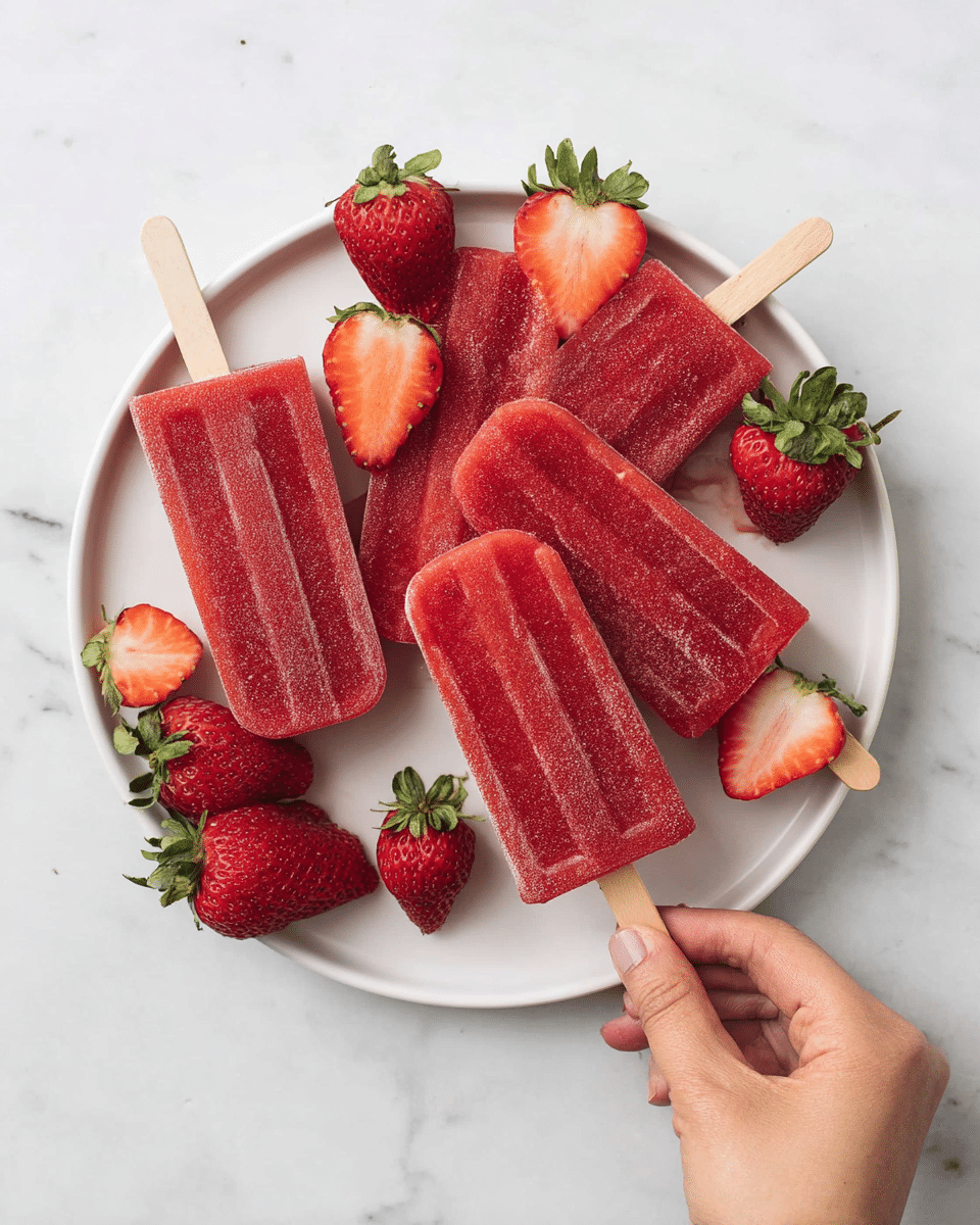 A white round plate holds five red strawberry popsicles with a slightly rough texture, each with a light wooden stick at the bottom. Scattered among the popsicles are four whole strawberries with green leafy tops, showcasing red and yellow shades with small seeds on their skin. A woman's hand is picking up one of the popsicles from the bottom right side of the plate. The background is a white marbled surface. photo taken with an iphone --ar 4:5 --v 7