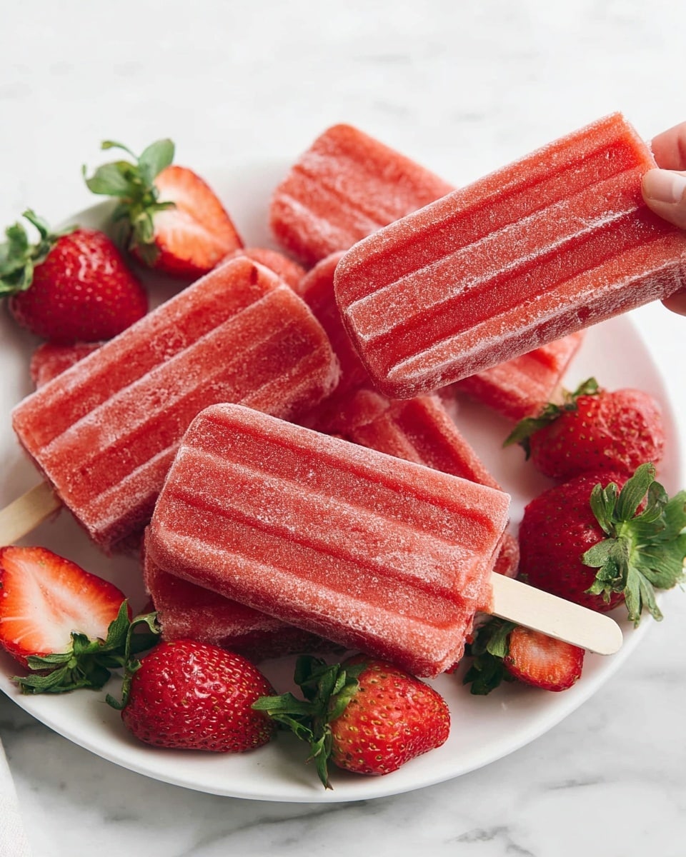 The image shows a white plate filled with several bright red strawberry popsicles, each with a lightly frosted texture and visible ridges running lengthwise. Some fresh strawberries with green leaves are placed around and between the popsicles, adding a natural touch. One popsicle is held above the plate by a woman's hand, showing a smooth wooden stick. The background is a soft white marbled texture, making the red colors of the popsicles and fruit stand out clearly. photo taken with an iphone --ar 4:5 --v 7