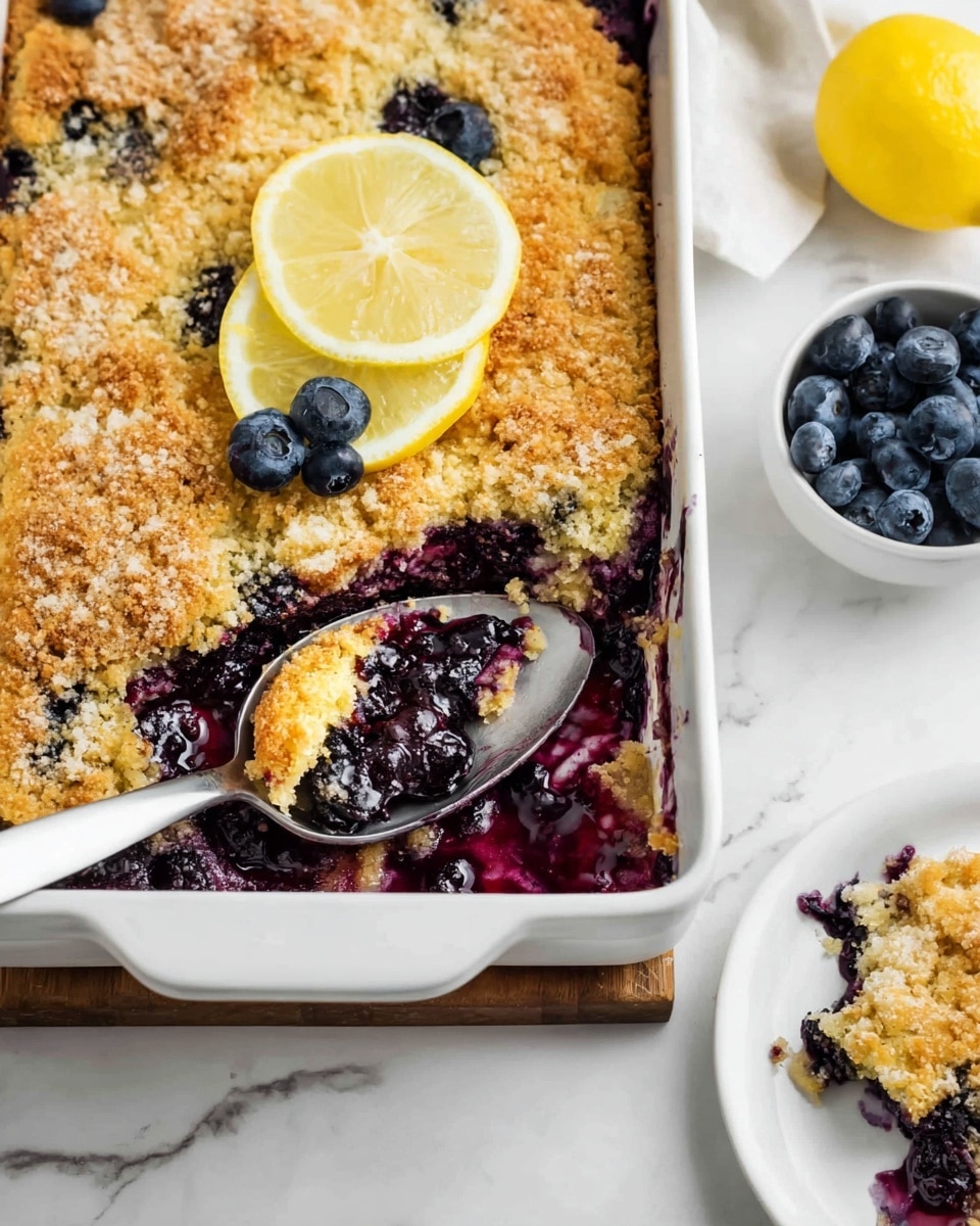 A white rectangular baking dish holds a baked blueberry cobbler with a golden brown, crumbly top layer showing dark purple blueberry filling bubbling underneath. Three thin lemon slices and three fresh blueberries sit on the top left of the dish for garnish. A silver spoon rests inside the dish, scooping out some of the cobbler, revealing the thick, juicy blueberry layer beneath the crust. To the right, a white plate with a small portion of the cobbler and a small white bowl filled with fresh blueberries sit on a white marbled surface, alongside half a lemon for added color. photo taken with an iphone --ar 4:5 --v 7