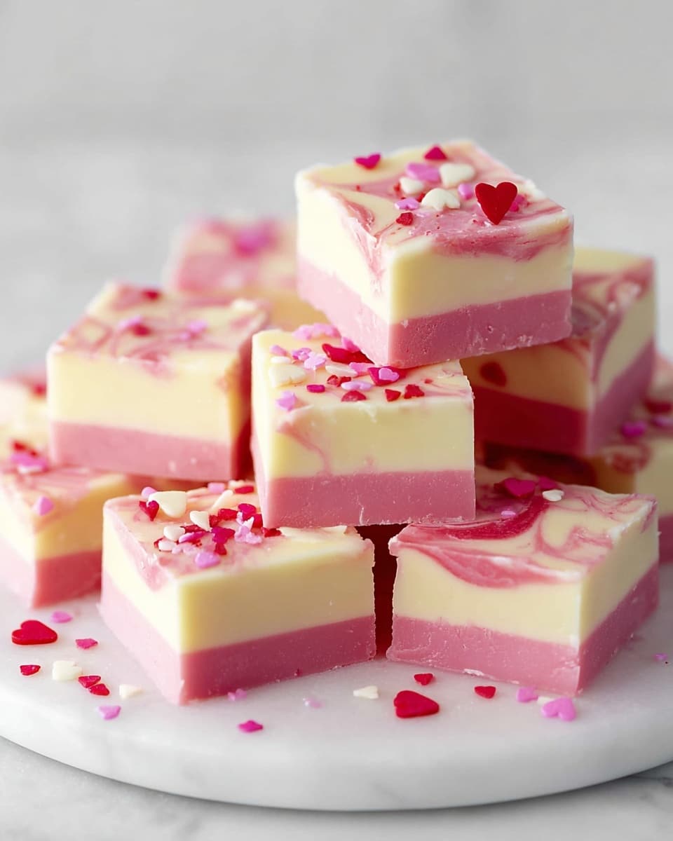 A stack of square fudge pieces sits on a white plate against a white marbled background. Each fudge piece has two layers: the bottom layer is bright pink, smooth and firm, while the top layer is creamy white with soft pink swirls blending lightly into it. Small red and pink heart-shaped sprinkles are scattered on top of the white layer and some are on the plate as well. The fudge squares are neatly arranged in a small pile, showing their clean, sharp edges and smooth texture. photo taken with an iphone --ar 4:5 --v 7