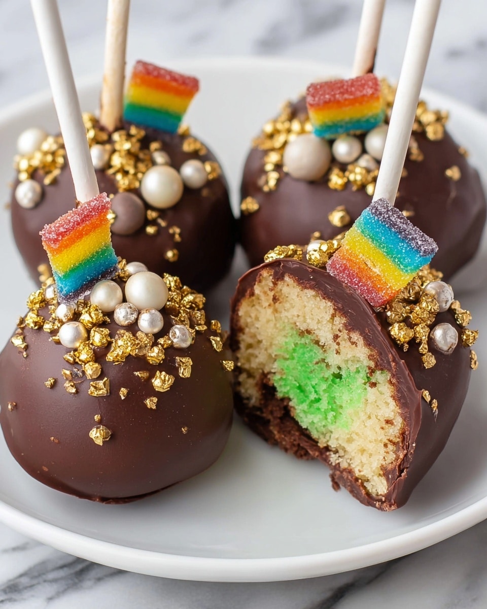 Four round cake pops are shown on a white plate, each coated in a smooth, dark brown chocolate layer. The cake pops are decorated with small gold and white shiny candy balls scattered on top. Each has a white stick inserted, and a small, colorful rainbow-striped gummy square is placed on the side near the stick. One cake pop is cut in half, revealing a soft cream-colored cake inside with a bright green layer running through the center. The cake's texture looks moist and dense. The background is a white marbled surface photo taken with an iphone --ar 4:5 --v 7