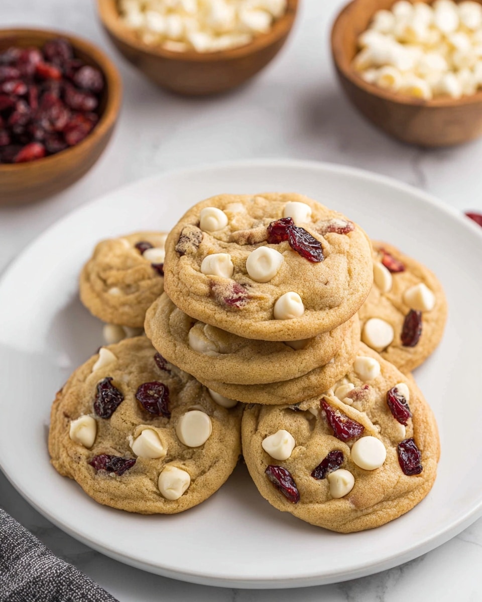 A white plate holds a stack of soft cookies, each cookie showing a golden-brown color with a slightly cracked texture. The cookies are mixed with white chocolate chips and pieces of dark red dried cranberries scattered visibly on the surface. The cookies are piled in layers, with about two to three cookies stacked on top of each other. In the background, two wooden bowls filled with more dried cranberries and white chocolate chips sit on a white marbled surface. The photo is clear and bright, focusing on the cookies' details. photo taken with an iphone --ar 4:5 --v 7