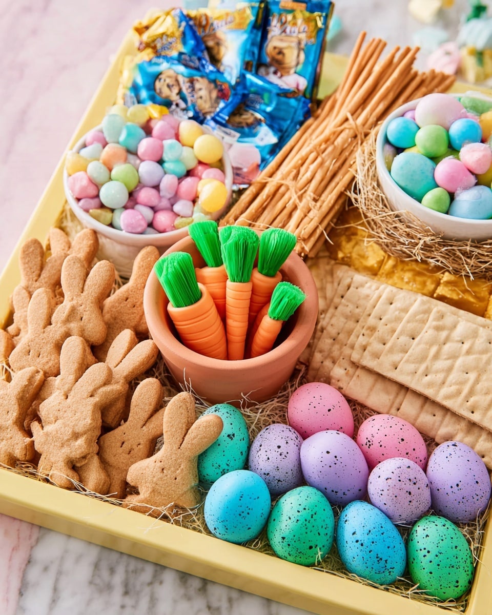 The image shows a colorful Easter-themed snack tray on a white marbled surface, filled with many small treats arranged in layers. At the bottom right, pastel-colored speckled candy eggs in blue, pink, purple, and green form a base layer. On top of this, there are light brown bunny-shaped cookies on the left, and several foil-wrapped carrot-shaped chocolates with bright green tops placed inside a small terracotta pot near the center. Next to the pot, long light brown wafer sticks and rectangular beige crackers are stacked on the right side. To the left of the crackers, small blue and gold foil-wrapped chocolates with bunny pictures appear, along with a white bowl filled with colorful round candy-coated chocolates in pastel colors near the top left. At the top right, a small white bowl contains a nest made of thin straw holding blue, pink, and yellow speckled candy eggs. The tray itself is light yellow and sits on the white marbled surface. photo taken with an iphone --ar 4:5 --v 7