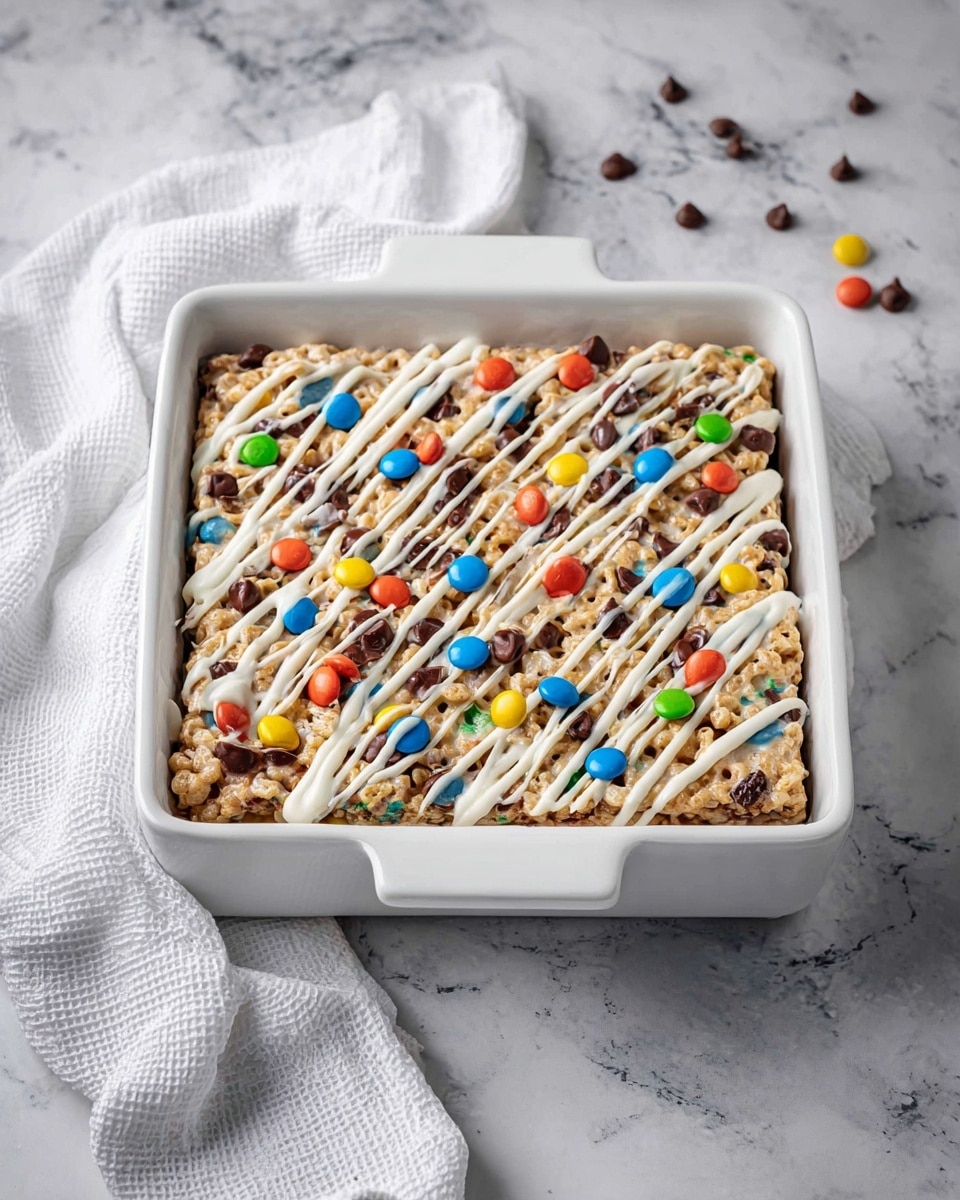 A white square ceramic dish filled with a colorful dessert made of small circular cereal pieces as the base layer. On top, there are scattered mini chocolate chips, colorful candy-coated chocolates in red, blue, yellow, orange, and green, and a drizzle of white chocolate in thin and thick lines covering the entire surface. The dish is placed on a white marbled surface with a white cloth draped nearby on the left side. photo taken with an iphone --ar 4:5 --v 7