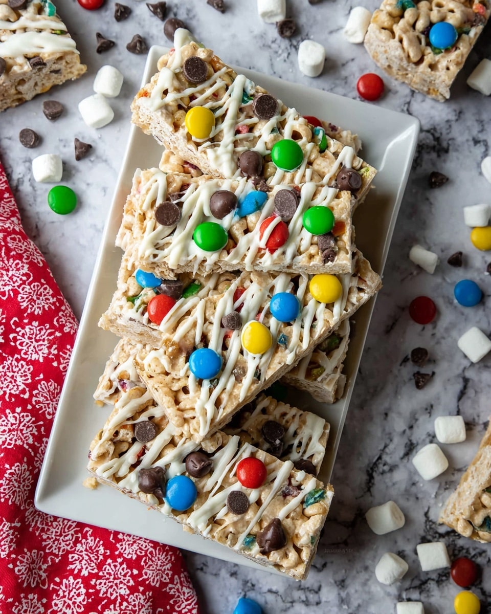 The image shows a white rectangular plate holding several layered snack bars. The base layer is light beige and looks chewy with small cereal pieces. On top of this base are colorful round candies in yellow, green, red, blue, and brown scattered around. There are also small dark brown chocolate chips sprinkled evenly across the bars. The top layer is drizzled with white chocolate in thin, flowing lines creating a slightly textured finish. The plate is placed on a white marbled surface with scattered candies, mini marshmallows, and more cereal pieces around. A red and white cloth with a floral pattern is partially visible on the left side. photo taken with an iphone --ar 4:5 --v 7