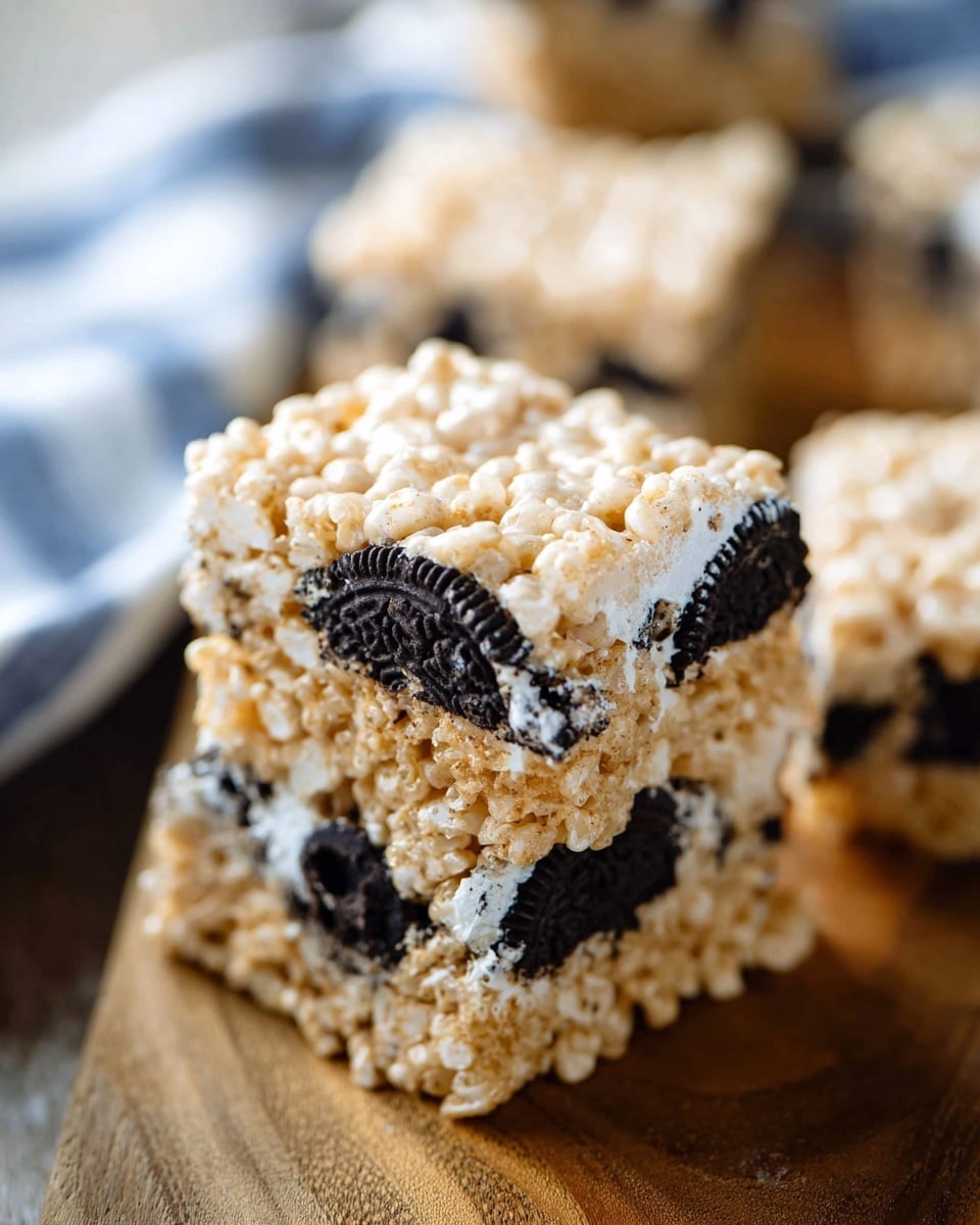A square rice crispy treat bar with three visible layers rests on a wooden surface. The top and bottom layers are made of light tan puffed rice cereal mixed with white melted marshmallow that gives a sticky texture with small clumps. The middle layer consists of broken black and white cookie pieces that add contrast and texture inside the bar. In the background, other similar bars are slightly out of focus, and there is a soft striped cloth in blue and white nearby. Photo taken with an iphone --ar 4:5 --v 7