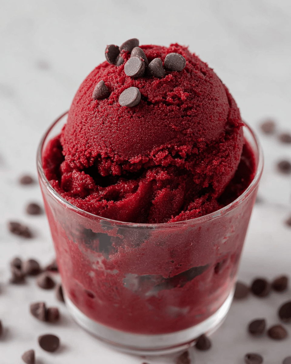 The image shows a glass cup filled with a rich, deep red ice cream or sorbet that has a smooth but slightly crumbly texture. The top layer is rounded and sprinkled with small, dark brown chocolate chips that stick out from the vibrant red surface. The inside of the cup reveals the same red icy mixture with visible bits of chocolate chips scattered throughout. The cup is set on a white marbled texture with some chocolate chips scattered around it. photo taken with an iphone --ar 4:5 --v 7