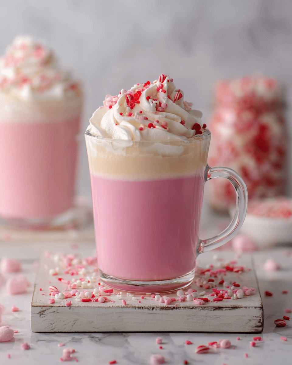 The image shows a clear glass mug with a handle filled with a three-layered pink drink. The bottom layer is a solid pink liquid making up the largest part of the drink. Above it is a creamy, pale layer with a slightly foamy texture. On top, there is a thick swirl of white whipped cream, decorated with red, pink, and white sprinkles. The mug is placed on a worn white wooden board, with more sprinkles scattered around on a white marbled surface. Another similar mug blurred in the background also contains the same drink, with a jar of pink and white sprinkles to the right. Photo taken with an iphone --ar 4:5 --v 7