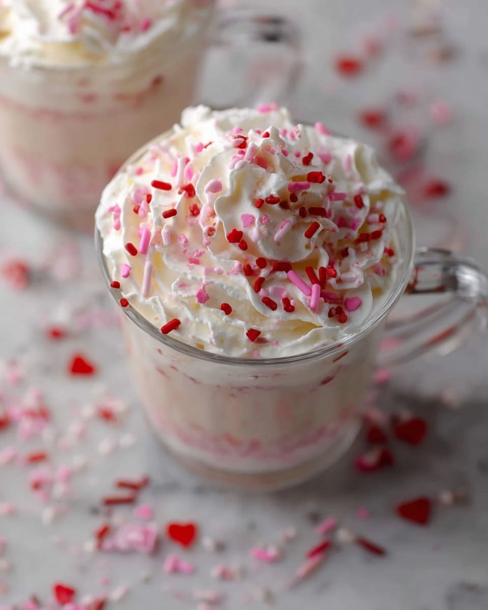 A clear glass mug filled with a creamy drink base, topped with a thick layer of white whipped cream swirled in soft peaks, sprinkled generously with red, pink, and white heart-shaped and rod-shaped candy sprinkles that add color and texture. The mug sits on a white marbled surface with blurred parts of another similar mug and scattered sprinkles in the background, giving a soft, bright, and festive feel. photo taken with an iphone --ar 4:5 --v 7
