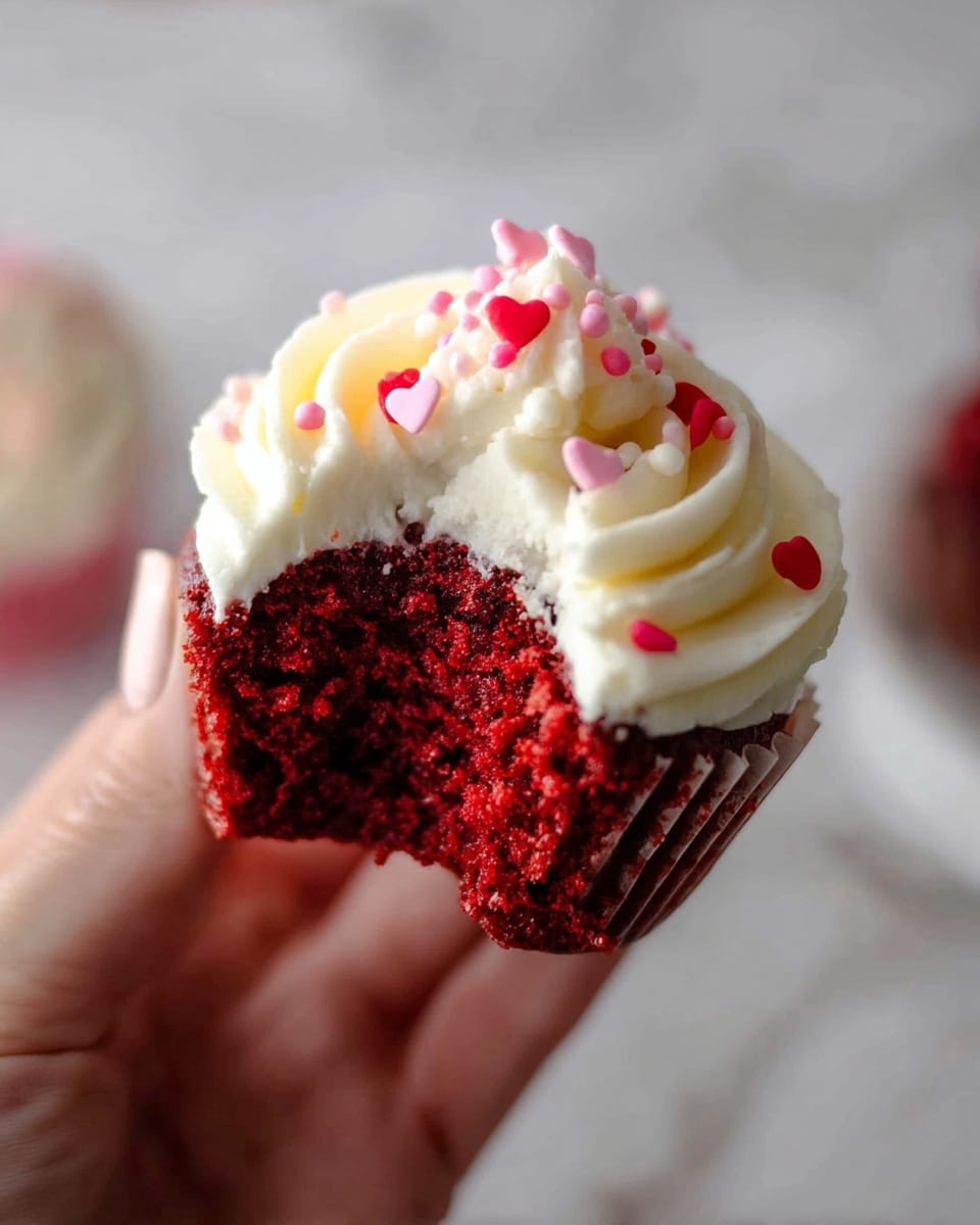 A close-up shows a red velvet cupcake with a bite taken out of it, revealing its deep red, moist crumb. The cupcake is topped with one thick layer of creamy white frosting, swirled smoothly in soft peaks. Small red and pink heart-shaped sprinkles are scattered over the frosting, adding a pop of color. A woman's hand is holding the cupcake gently from the bottom, with the background softly blurred and replaced by a white marbled texture. Photo taken with an iphone --ar 4:5 --v 7