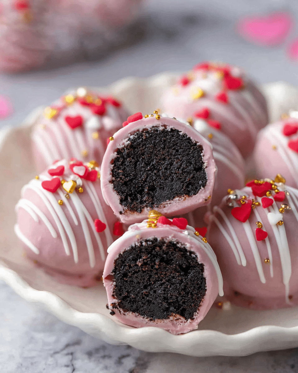 The image shows a close-up of several round truffle balls arranged on a white fluted plate, set on a white marbled surface. Each truffle has a dark, almost black, dense-looking interior that is shown clearly by two truffles cut in half and placed on top. The outer layer of the truffles is light pink with a smooth, glossy texture, coated with thin white drizzles inside the coating. On top of the pink coating, there are small decorative sprinkles in red heart shapes, white, and shiny gold colors, adding a festive look. The composition focuses on the contrast between the dark inside and the bright, colorful outside layers of the truffles. Photo taken with an iphone --ar 4:5 --v 7