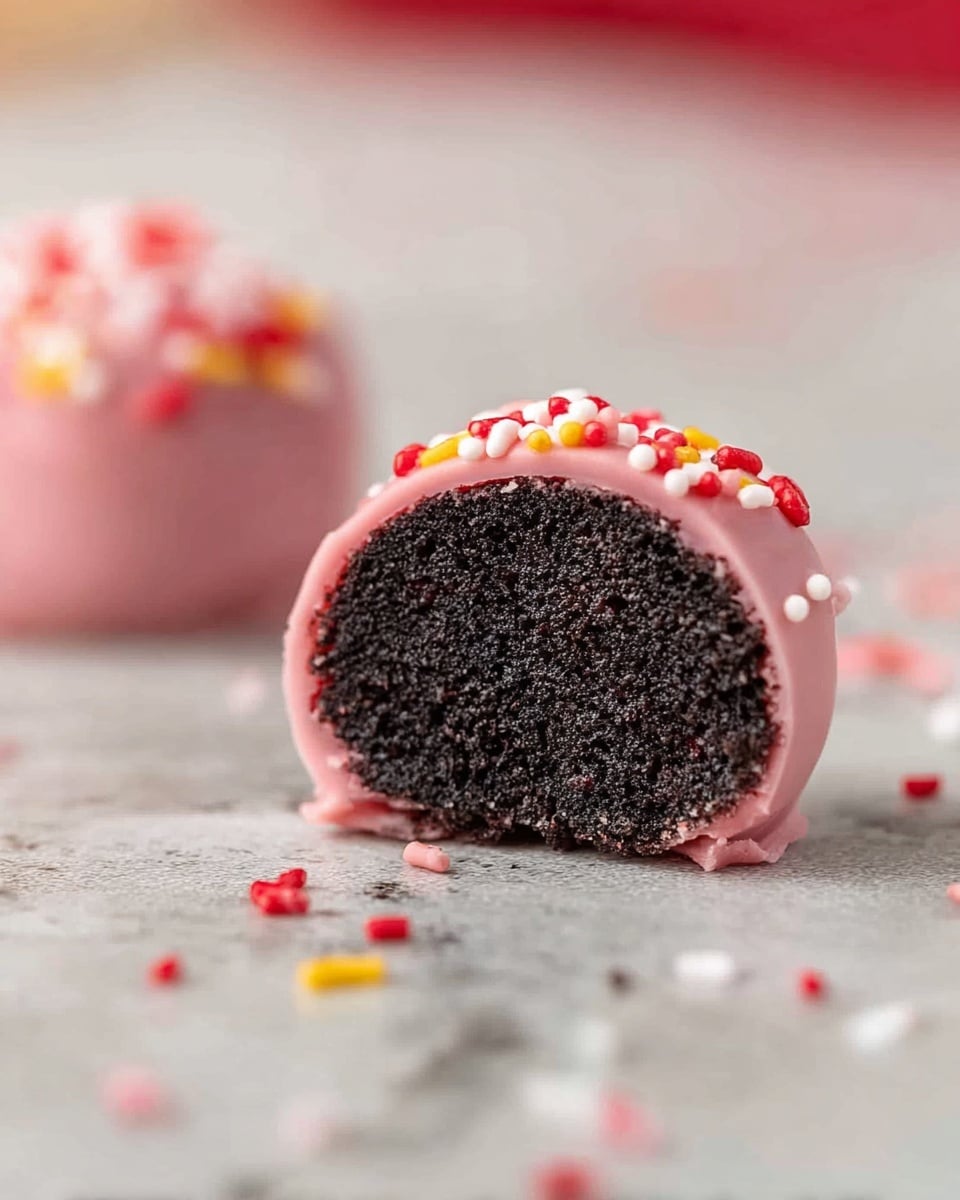 A close-up of a small round treat cut in half, showing two layers: the inner layer is dark, almost black, soft and crumbly cake-like texture, while the outer layer is a smooth pink coating, decorated on top with small colorful sprinkles in red, white, and yellow. The treat is sitting on a flat surface with a white marbled texture, and some scattered sprinkles are around it. In the background, the other half of the treat is slightly out of focus. photo taken with an iphone --ar 4:5 --v 7
