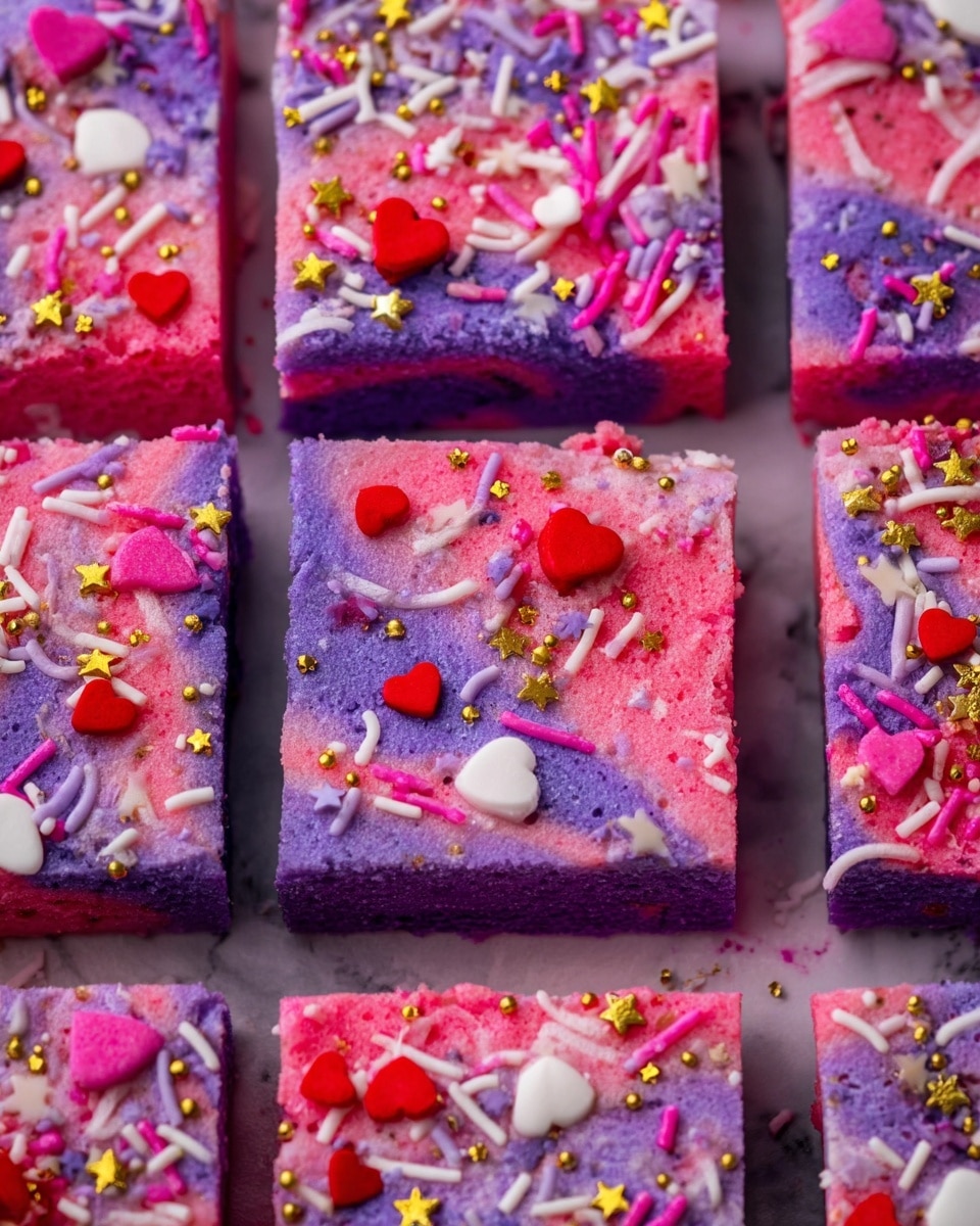 The image shows a close-up of square pieces of soft, colorful bars with a smooth, slightly crumbly texture. Each bar has a swirl of two main colors: pink and purple, blending in various spots. The bars are covered with a mix of small sprinkles in bright red, pink, white, and purple colors, along with shiny golden star-shaped and red heart-shaped sprinkles, scattered all over the top. The bars are closely placed together on a white marbled surface, highlighting the vibrant colors and textured toppings. photo taken with an iphone --ar 4:5 --v 7