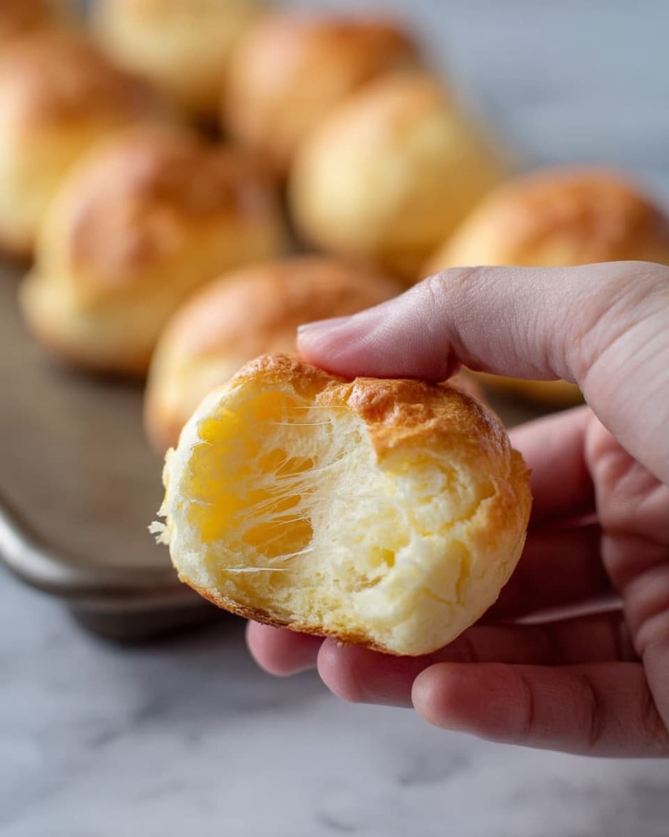 A close-up image of a woman's hand holding a small, round baked cheese bread that is torn open to show its soft, airy, and stretchy inside texture. The bread has a light golden brown crust and a yellowish, fluffy interior with visible thin strands stretching between the torn parts. In the blurry background, several more pieces of the same cheese bread sit on a metal baking tray. The surface beneath the tray is a white marbled texture. photo taken with an iphone --ar 4:5 --v 7