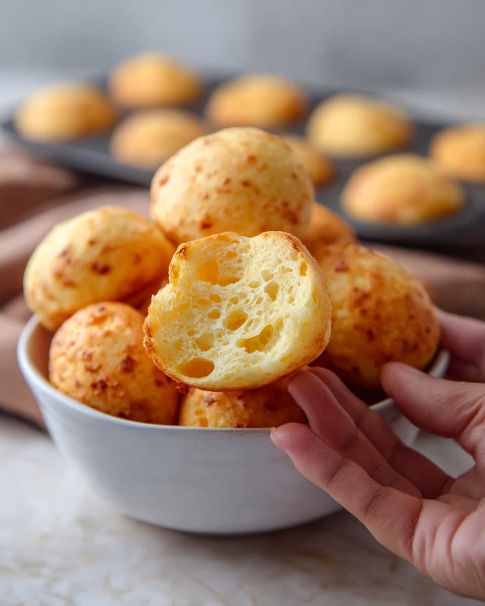 A white bowl filled with round, light golden cheese breads, each one showing a slightly bumpy outer texture with small darker spots. A woman's hand holds one piece close to the camera, revealing its airy, spongy inside that looks soft and slightly moist with small holes. The bowl sits on a white marbled surface, and in the background, a blurred muffin tray and more cheese breads are visible. The light is soft, highlighting the warm tones and textures of the cheese breads. photo taken with an iphone --ar 4:5 --v 7