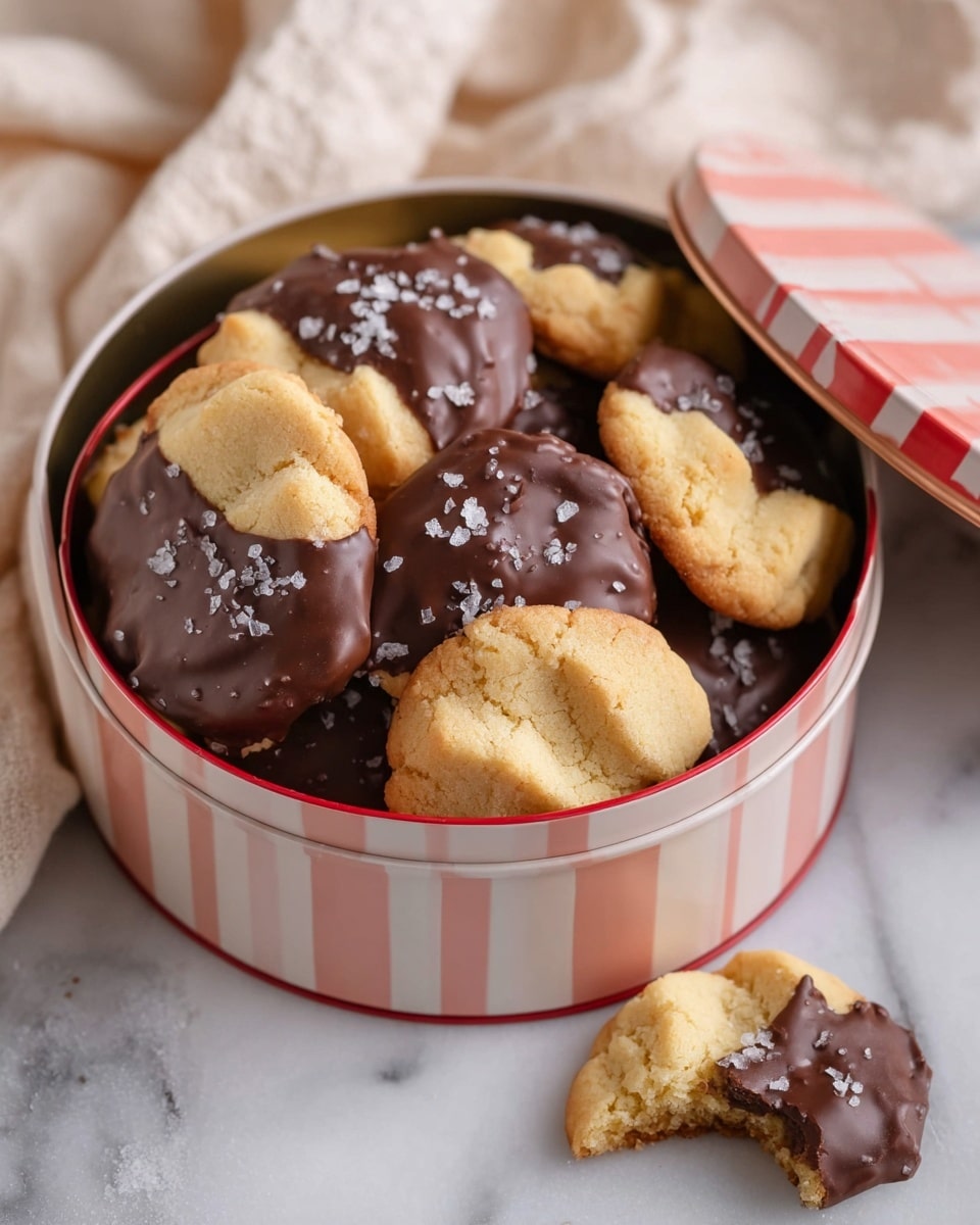 A round cookie tin filled with two-layered cookies sits on a white marbled surface; each cookie has a base layer of light golden, slightly cracked soft dough with a texture that looks tender and chewy, and the top half dipped in smooth, dark chocolate sprinkled with coarse sea salt flakes; one cookie outside the tin shows the same layers, and another cookie in the tin has a bite taken out showing the soft inside; the tin is white with red and light pink stripes on the outside, with its matching lid resting behind it, and a cream-colored soft cloth is blurred in the background; photo taken with an iphone --ar 4:5 --v 7