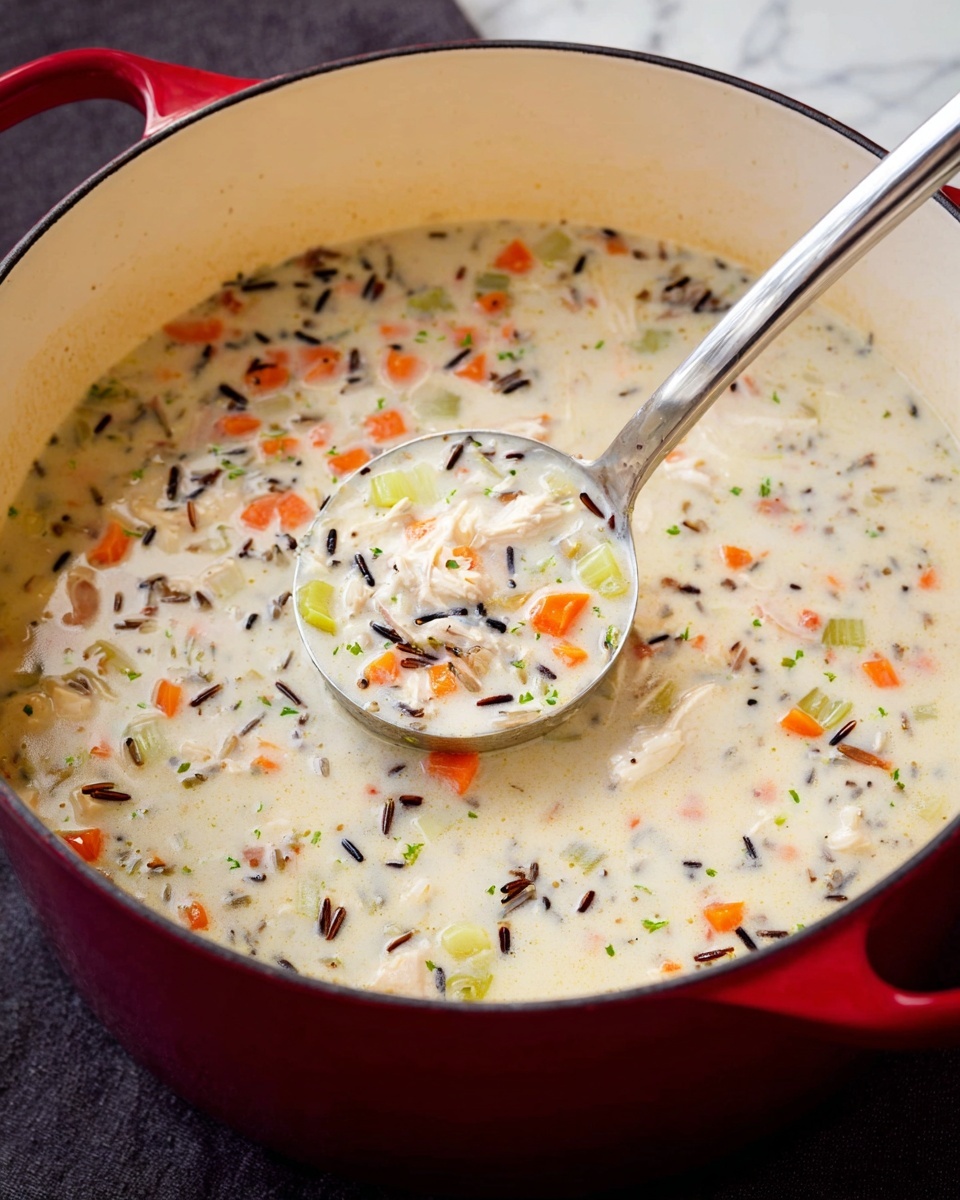 A large red pot filled with creamy white soup that has a thick texture. The soup contains visible layers of small diced orange carrots, green celery pieces, darker wild rice grains, and chunks of white chicken. A silver ladle scoops some soup near the center, showing the mix of colorful ingredients clearly floating within the creamy base. The pot is set on a white marbled surface. photo taken with an iphone --ar 4:5 --v 7