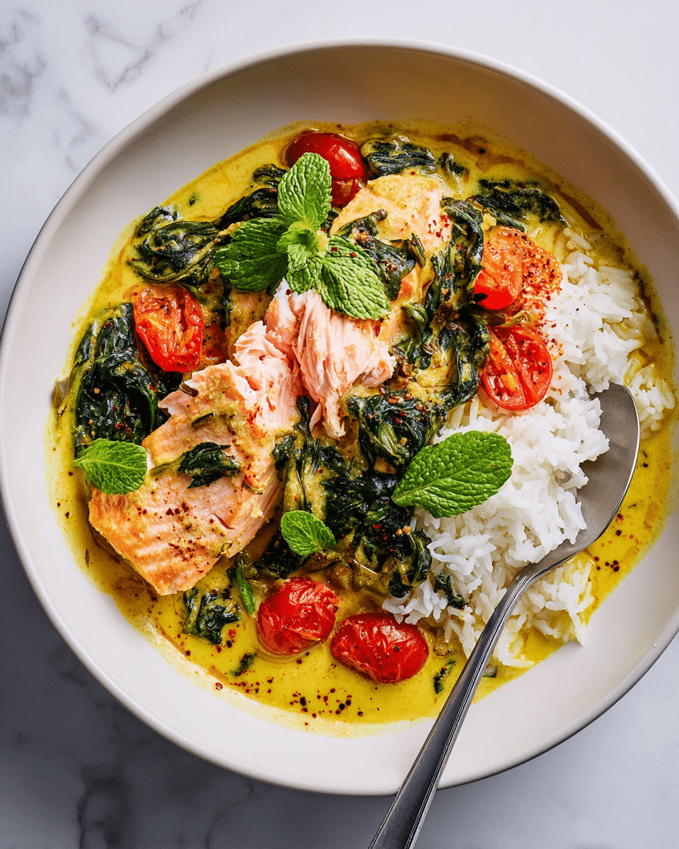 The dish is served in a white bowl with a layer of white rice spread on one side, showing soft, separate grains. Next to the rice is a thick yellow curry sauce with visible specks of black seasoning. On top of the curry, there is a large piece of cooked salmon, pink and flaky with its texture slightly broken by a metal spoon resting inside the bowl. Around the salmon, wilted dark green spinach leaves and bright red cherry tomatoes add vibrant color. Fresh green mint leaves are scattered on top to finish the dish. The bowl sits on a white marbled surface. Photo taken with an iphone --ar 4:5 --v 7