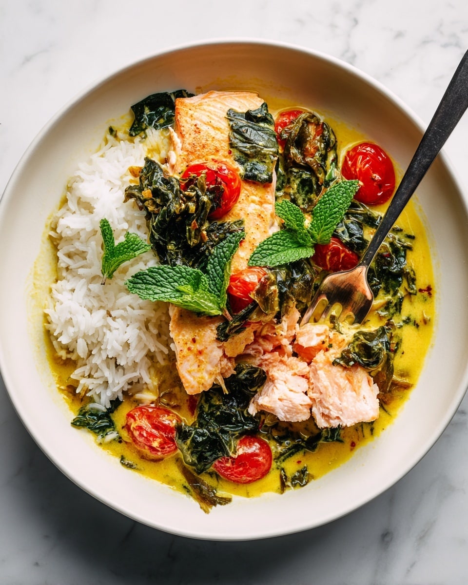 A white round bowl filled with three main layers: the bottom layer is fluffy white rice placed mostly on one side, the middle layer consists of bright yellow curry sauce with wilted dark green spinach and small whole red cherry tomatoes scattered around, and the top layer features a piece of cooked pink salmon fillet partially flaked open, topped with fresh green mint leaves. A silver fork is resting inside the bowl, holding some rice near the edge. The bowl is set on a white marbled texture surface. photo taken with an iphone --ar 4:5 --v 7