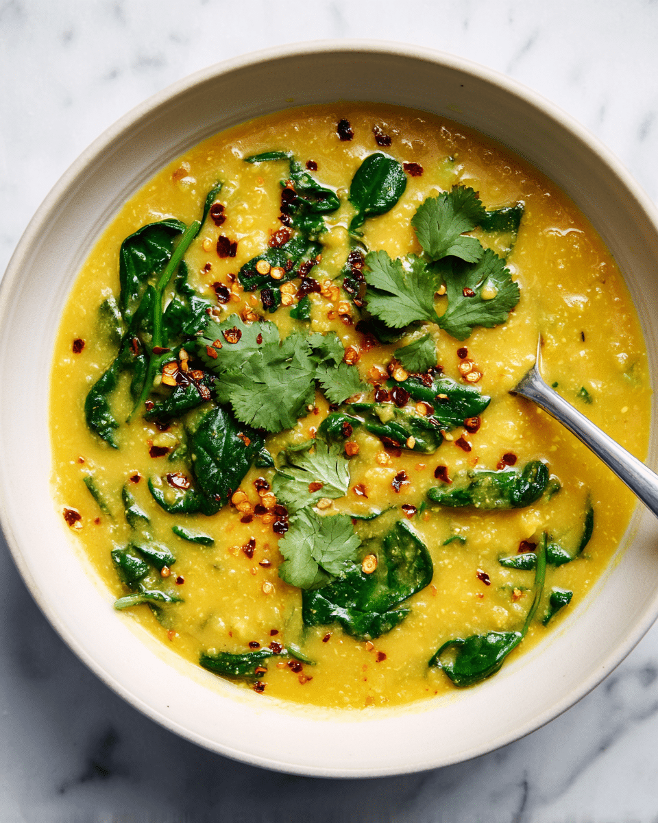 A white bowl filled with a creamy yellow soup that has a thick texture, dotted with small chunks of soft vegetables or lentils. Scattered throughout the soup are bright green spinach leaves, both whole and torn, and fresh cilantro leaves on top for garnish. A few red chili flakes add a speckled red color contrast on the surface. A silver spoon rests inside the bowl, partly submerged in the soup. The bowl sits on a white marbled surface. photo taken with an iphone --ar 4:5 --v 7