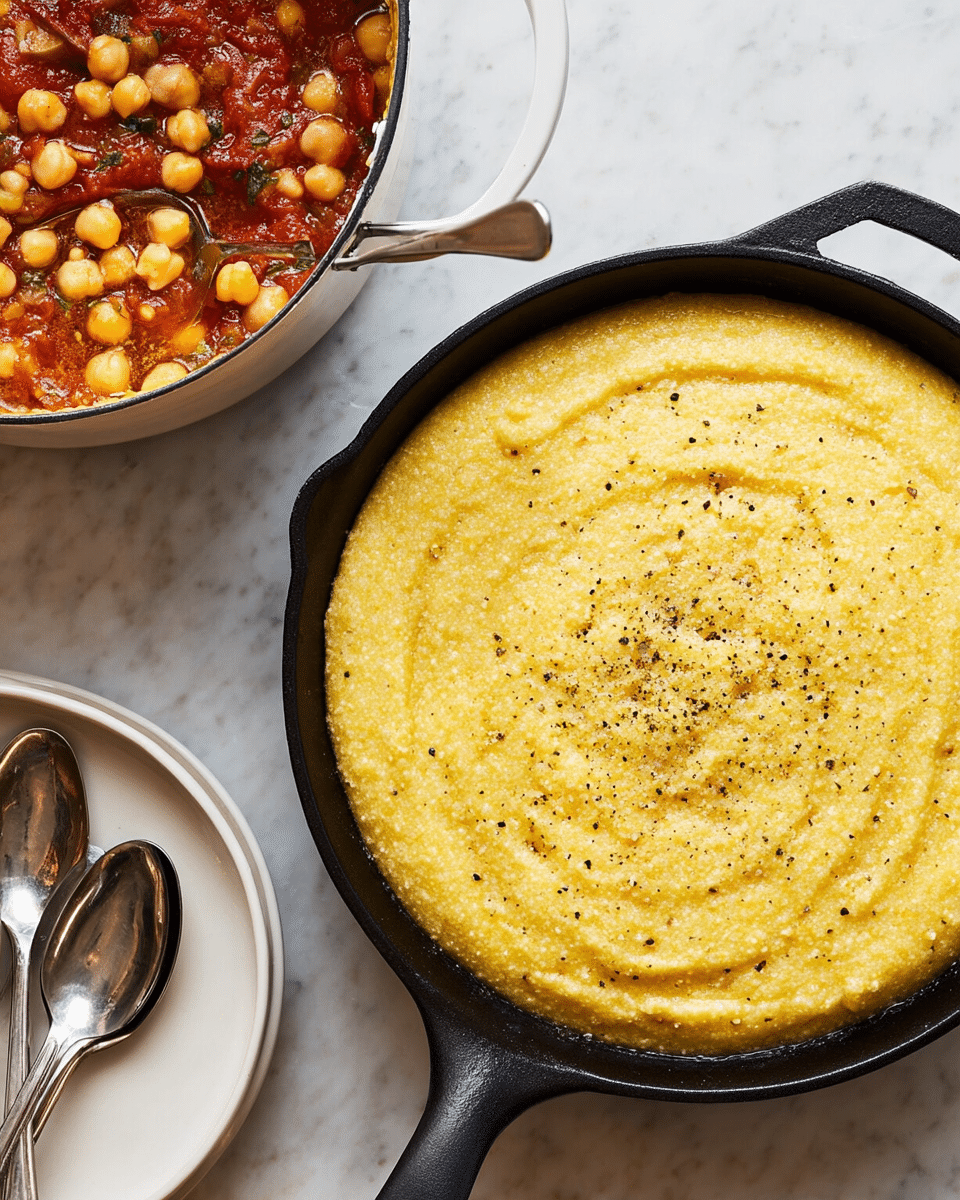 A black cast iron pan filled with creamy yellow polenta that has a slightly grainy texture and some black pepper specks, sitting on a white marbled surface. To the left, there is a large pot with a tomato sauce and chickpea stew, showing red sauce and light brown chickpeas with a silver spoon inside. Below the pot, there is a white plate with two silver spoons resting on it. The scene is simple, with soft lighting showing the details of the food. photo taken with an iphone --ar 4:5 --v 7