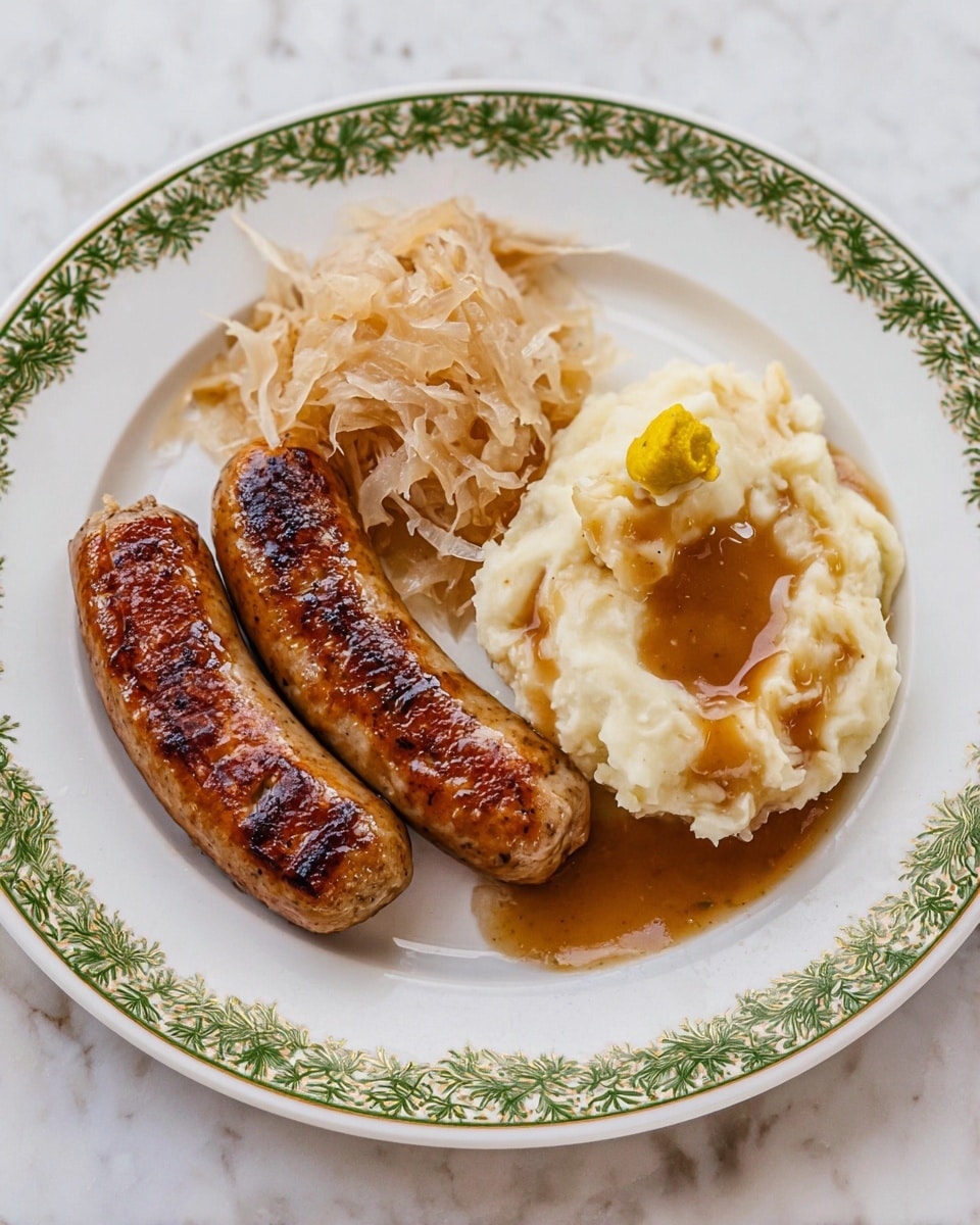 A white plate with a green and gold patterned rim holds two browned sausages on the left side with grill marks and a slightly crispy texture. Next to the sausages is a heap of pale yellow sauerkraut with a soft, shredded look. To the right, there is a serving of smooth mashed potatoes shaped in a small mound with a well in the center filled with brown gravy and some black pepper sprinkled on top. Above the mashed potatoes is a small dollop of bright yellow mustard. The plate sits on a white marbled surface. Photo taken with an iphone --ar 4:5 --v 7