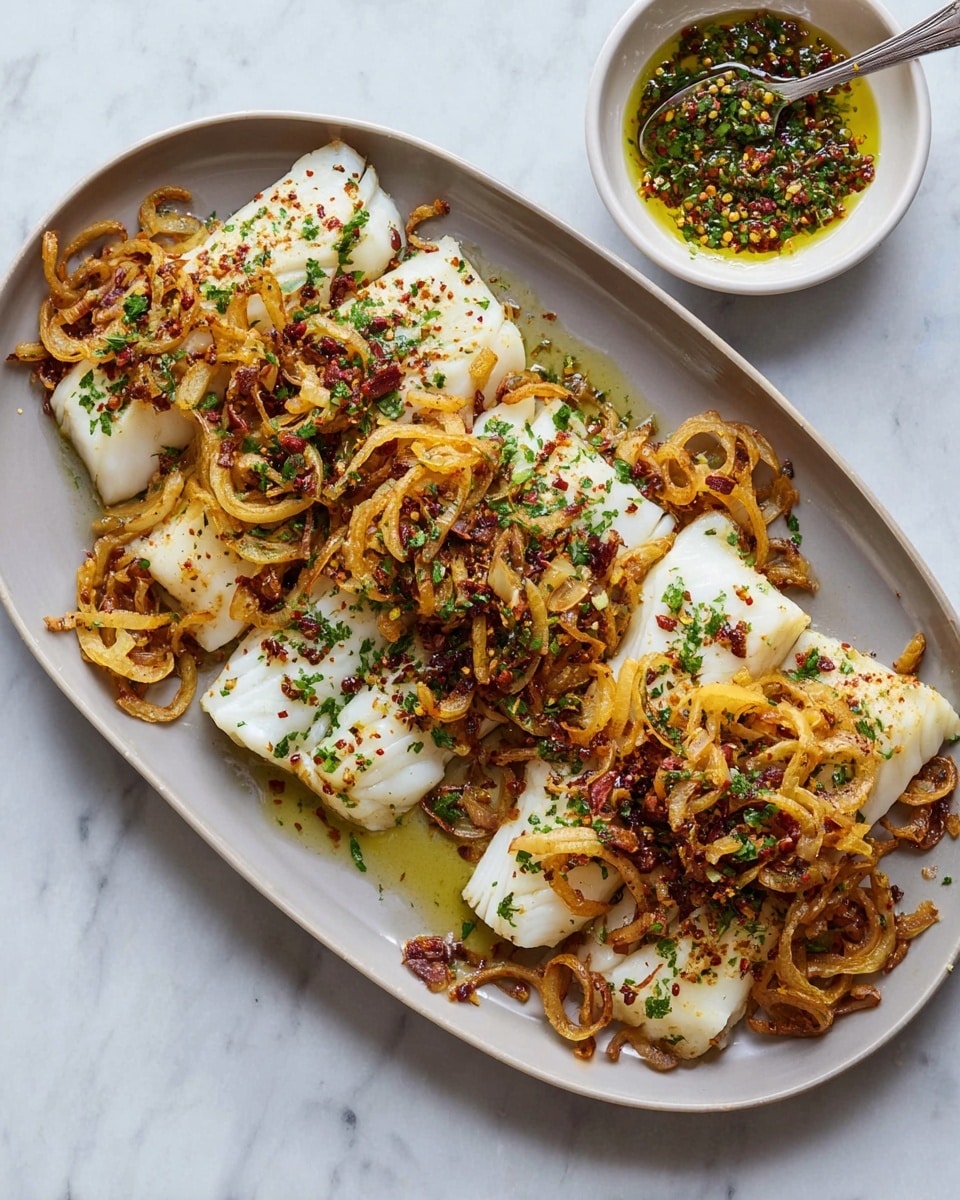The image shows a white oval plate with four pieces of white fish fillets laid in a row. Each piece of fish is topped with a colorful mix of chopped green herbs, red chili flakes, and small bits of a light sauce that looks oily. Around and under the fish are many thin, curly yellow-brown cooked onion or leek rings with some parts browned and crispy. On the left side of the image, there is a small white bowl with a spoon inside, filled with the same herb and chili sauce. The plate and bowl are placed on a white marbled surface. photo taken with an iphone --ar 4:5 --v 7