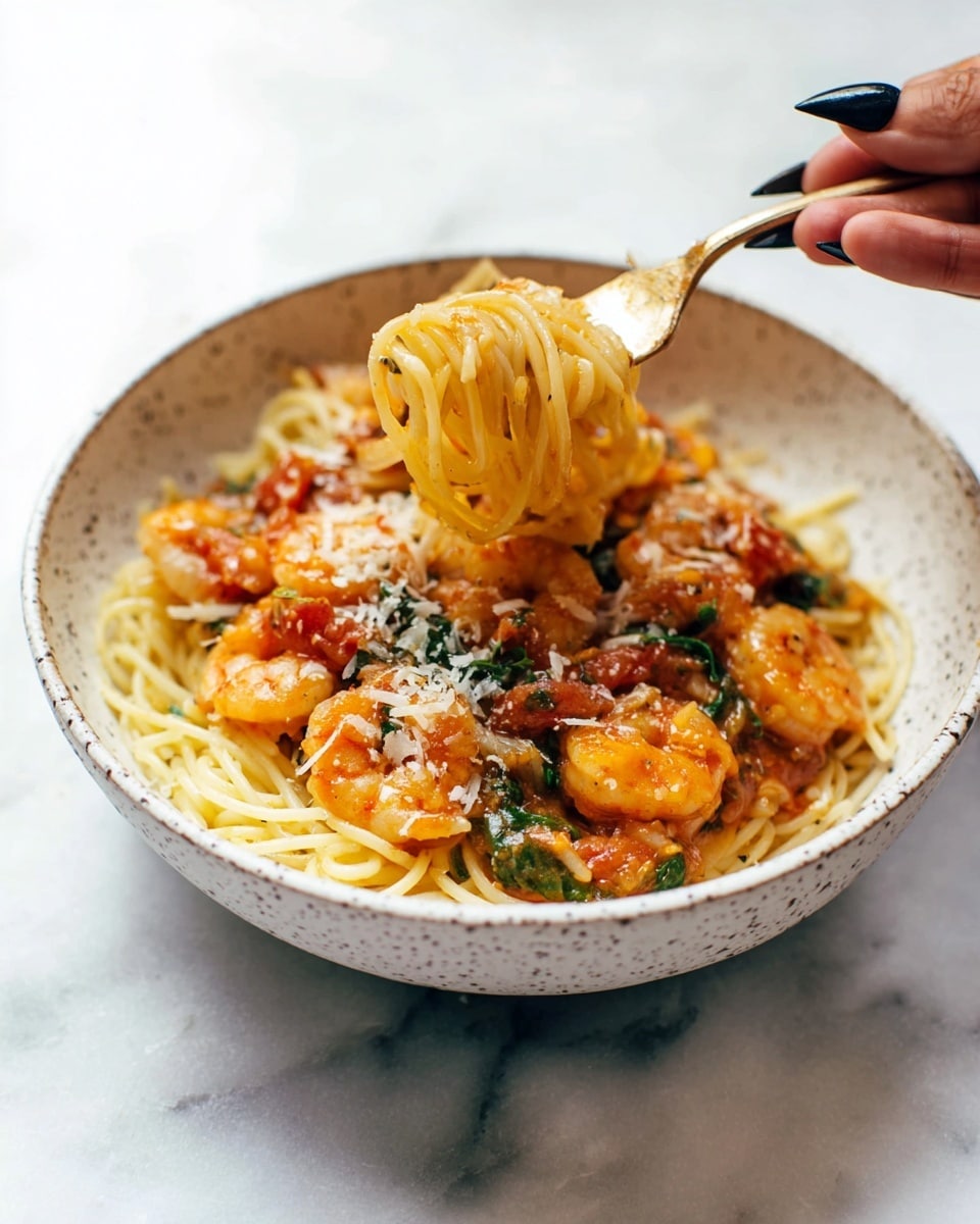 A white speckled bowl holds a dish of spaghetti pasta forming the first layer, pale yellow and soft in texture, filling most of the bowl at the bottom. On top, there is a mix of golden-orange cooked shrimp and small pieces of tomato in a chunky reddish-orange sauce, scattered with bits of green leafy herbs, possibly spinach or basil. Small white shreds of cheese are sprinkled over the top, melting slightly into the warm ingredients. A woman's hand with black nail polish is lifting a forkful of spaghetti from the left side of the bowl, twisting the noodles around the fork. The bowl sits on a white marbled surface. photo taken with an iphone --ar 4:5 --v 7
