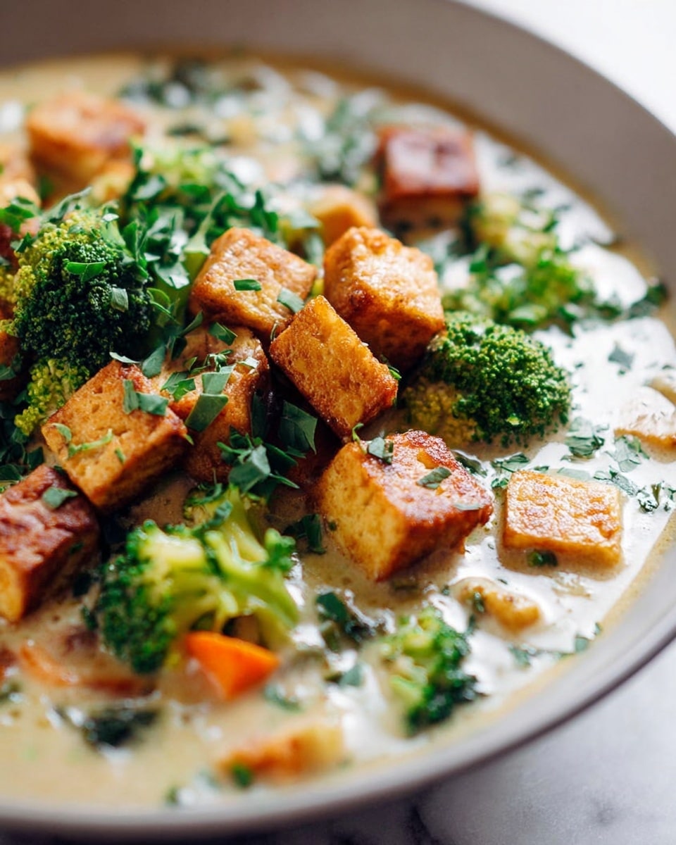 Close-up image of a white bowl filled with a creamy soup containing three main layers: at the bottom, chunks of orange carrots and bright green broccoli florets rest in the smooth, pale cream-colored broth; the middle layer has pieces of golden-brown, crispy tofu cubes scattered on top; the top layer is sprinkled with finely chopped dark green herbs that add freshness and contrast. The dish is set against a white marbled texture background. photo taken with an iphone --ar 4:5 --v 7