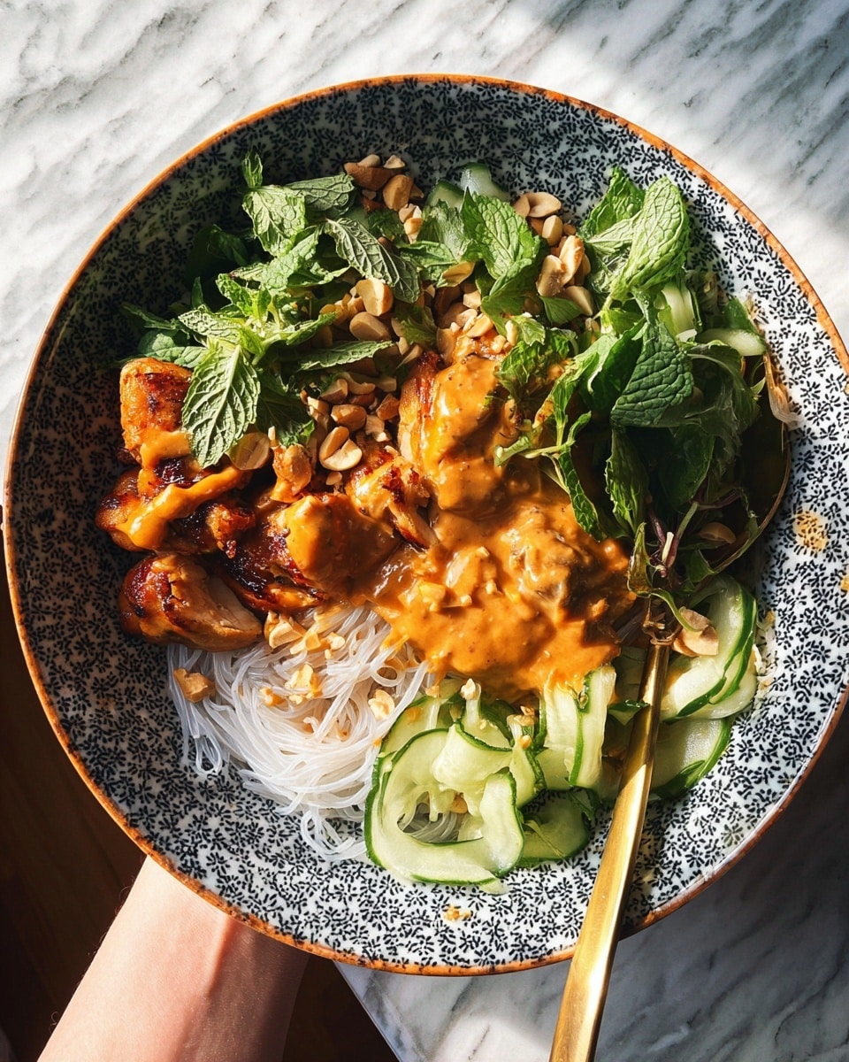 A patterned bowl holds a layered dish starting with a base of thin white rice noodles in the bottom right. On top and to the left, there are browned pieces of grilled or fried chicken, coated with a smooth, orange-colored sauce that also drips over the noodles. Fresh green herbs, including leafy cilantro and mint, are scattered across the top, adding freshness and texture. To the right of the chicken and noodles, thinly sliced cucumber and onions create a crisp, pale green and light purple layer. Crushed peanuts are sprinkled on top for a crunchy finish. A golden spoon rests on the right side of the bowl, and a person's woman's hand holds the bowl from below. The background is a white marbled texture. photo taken with an iphone --ar 4:5 --v 7