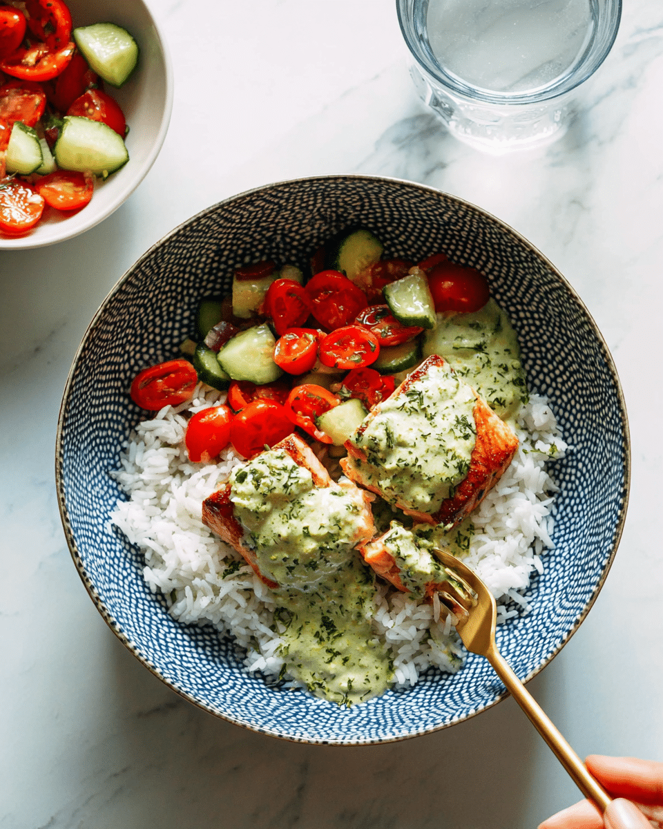 A white bowl with a blue checkered pattern holds a meal with three clear sections: on the left is a fluffy layer of white rice, in the center there are crispy-seared salmon pieces topped with a creamy green sauce, and on the right is a mix of red cherry tomatoes and green cucumber chunks. A gold fork is inserted into the salmon, and a woman's hand is holding the bowl from the bottom left. The background shows a white marbled surface. Photo taken with an iphone --ar 4:5 --v 7
